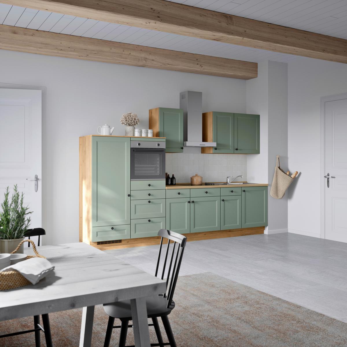 Küchenblock Cascada Low m. Geräten Schilfgrün - Schilfgrün/Eichefarben, MODERN, Holzwerkstoff/Metall (330cm) - Nobilia