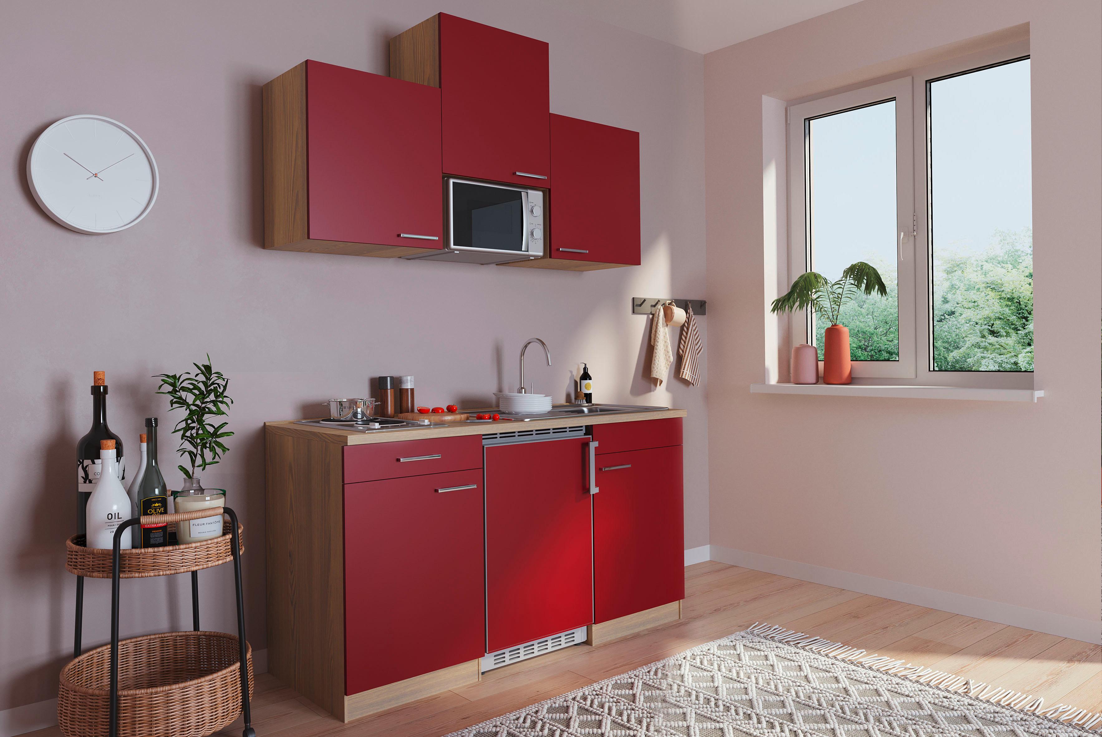 Miniküche Economy m. Geräten B: ca. 150cm Rot/Eichefarben - Rot, Basics, Holzwerkstoff (150cm) - Respekta