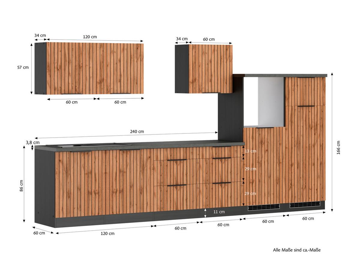 Küchenleerblock Liverpool m. Geräte Graphit/Eichefarben - Schieferfarben/Eiche Wotan, Basics, Holzwerkstoff/Metall (360cm) - Held