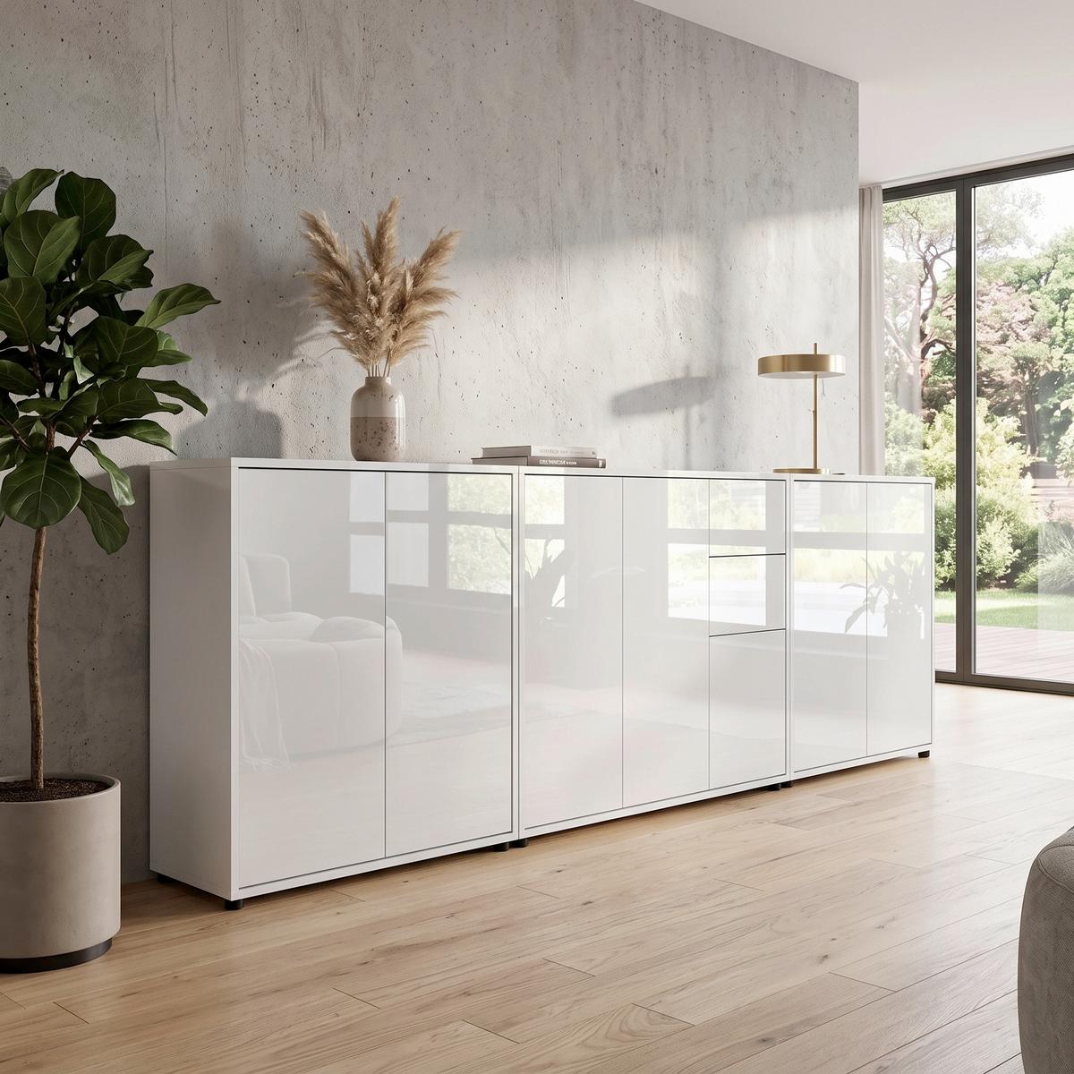 Sideboard Mailand Set 6 Weiß - Weiß Hochglanz/Schwarz, MODERN, Holzwerkstoff/Kunststoff (263,5/73/33cm) - MID.YOU