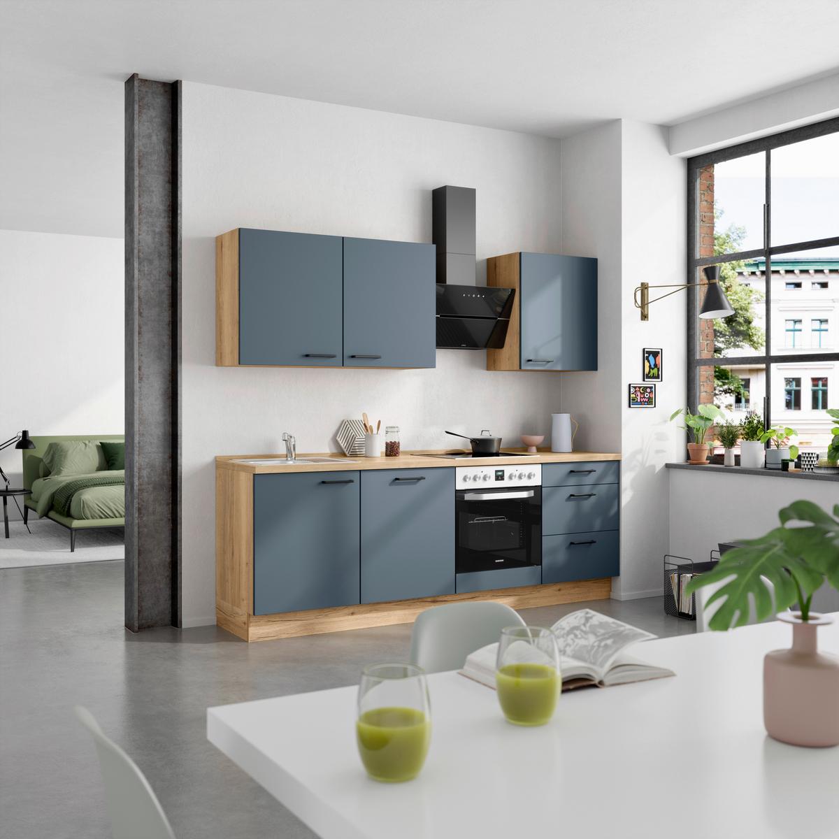 Küchenblock Easytouch High m. Geräten Dunkelblau - Eichefarben/Schwarz, MODERN, Holzwerkstoff/Metall (240cm) - Nobilia