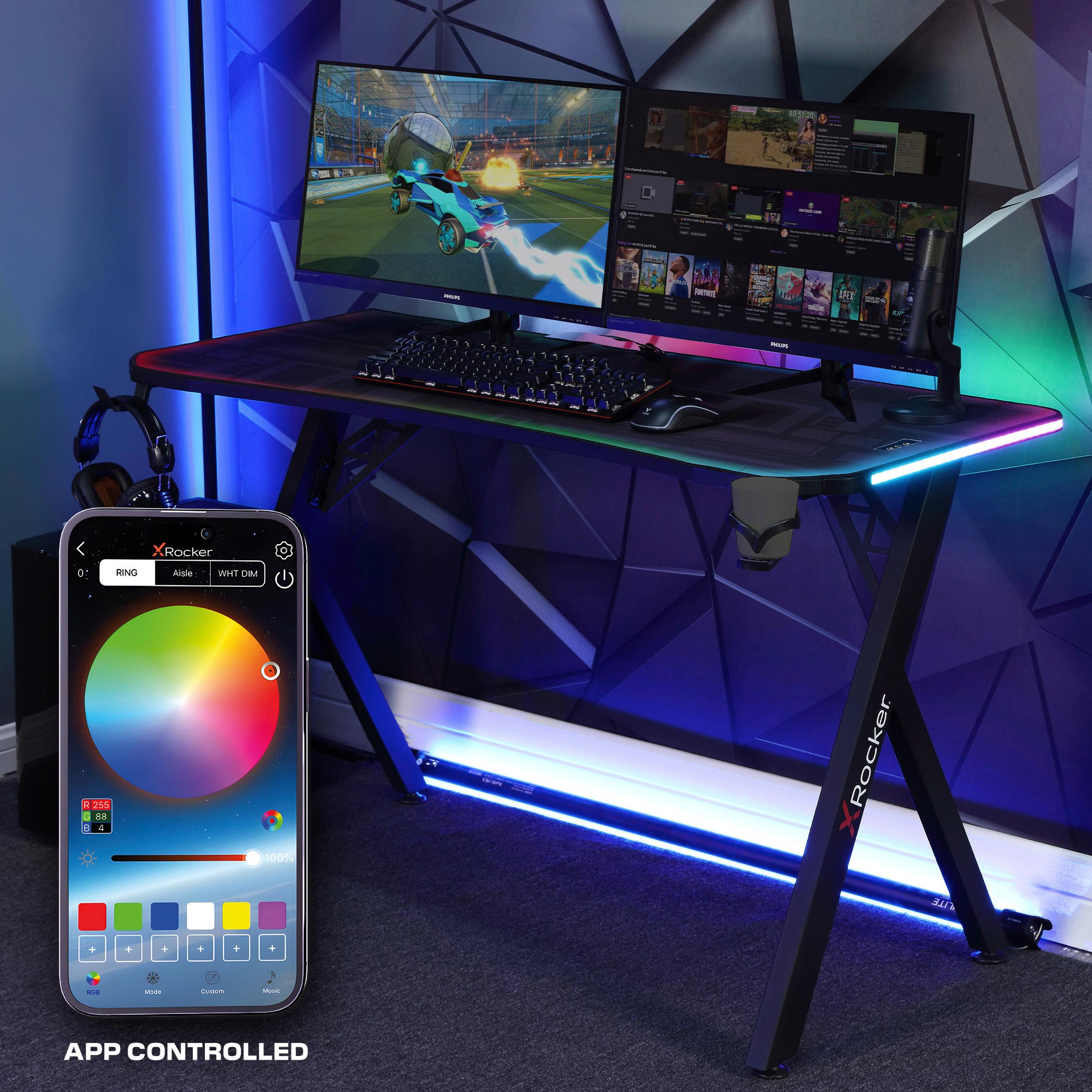 Gamingtisch XR Lumio ca. 140x60x75 cm Schwarz mit LED - Schwarz, MODERN, Holzwerkstoff/Metall (140/60/75cm) - X Rocker