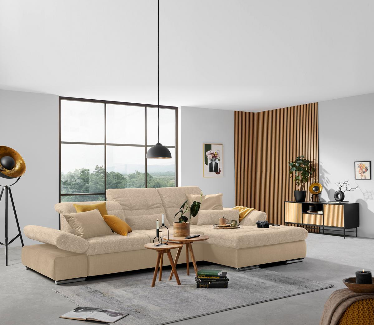 Wohnlandschaft Sanfino Beige/Taupe - Taupe/Chromfarben, KONVENTIONELL, Holz/Textil (305/79-96/199cm) - Premium Living
