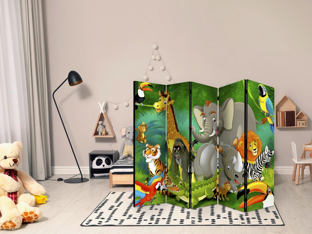 Paravan Colourful Safari I, 5-Delni, Dvostranski - večbarvno, Basics, tekstil/les (225/172/3cm) - artgeist