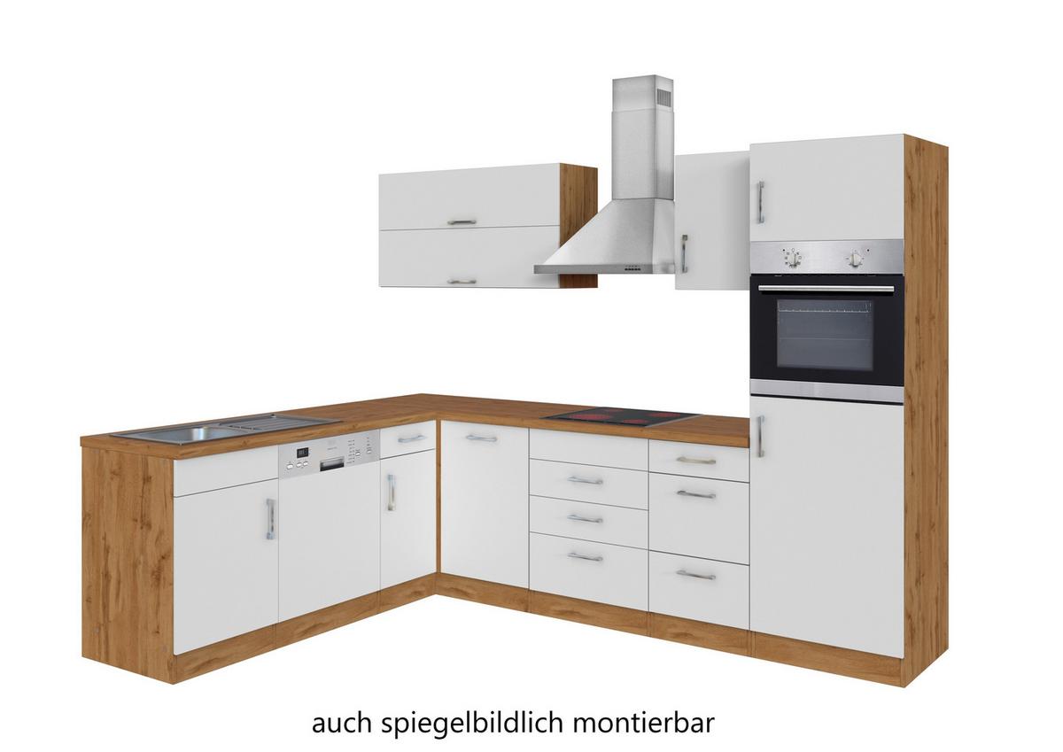 Eckküche Winkelblock mit Geräten ca. 210x270 cm Weiß - Chromfarben/Eiche Wotan, MODERN, Holzwerkstoff/Metall (210/270cm) - Held