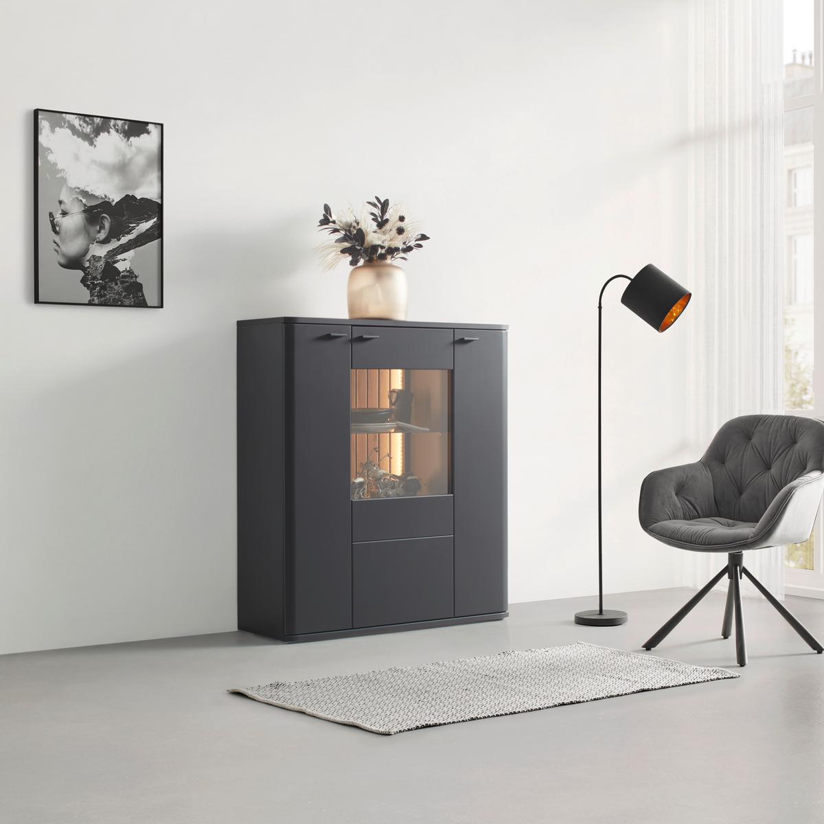 Highboard Carreto Grau - Anthrazit/Grau, Modern, Glas/Holzwerkstoff (110/124/38cm) - Premium Living