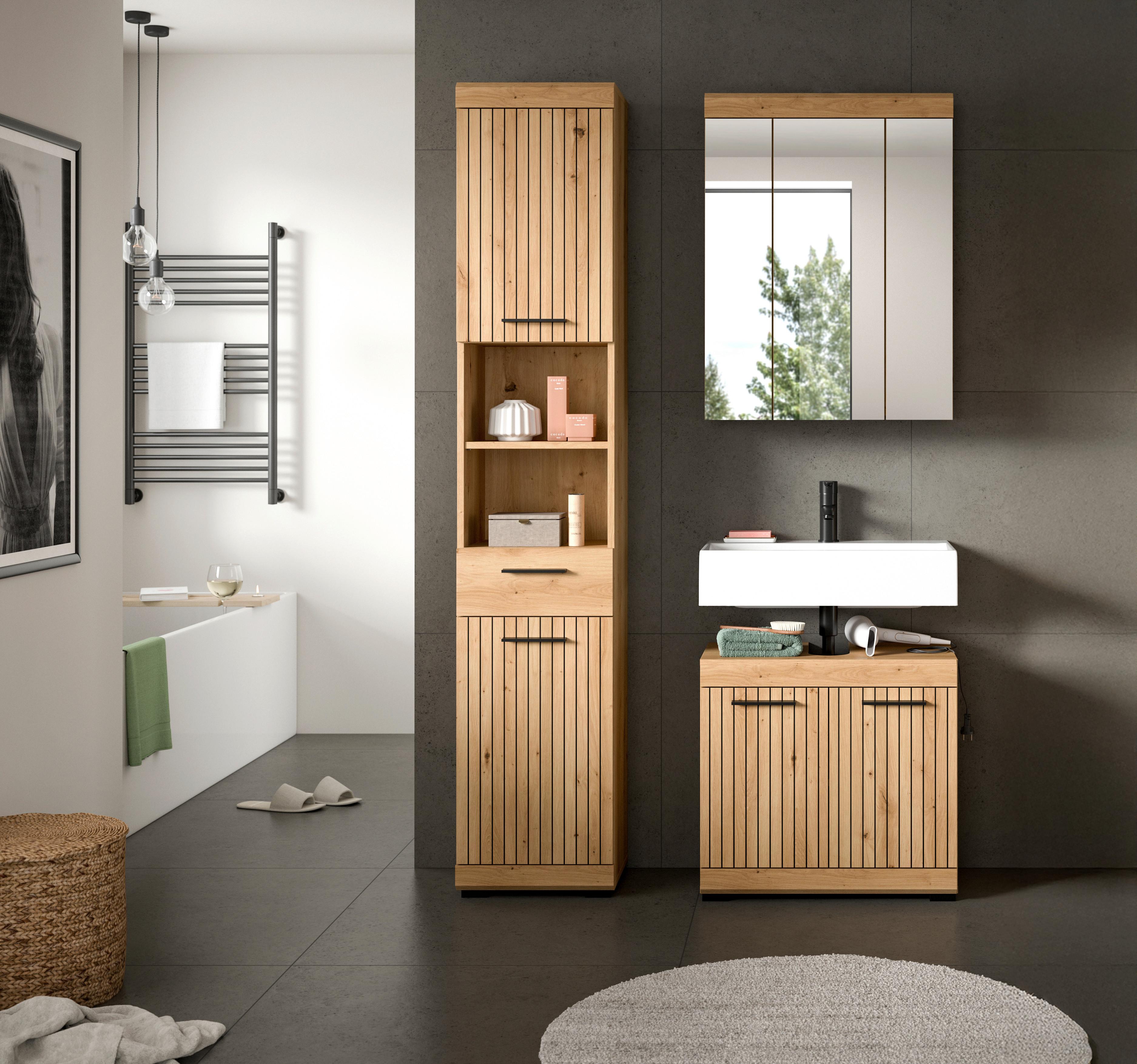 Badezimmer Scout Eiche Artisan 3-teilig - Schwarz/Eiche Artisan, Trend, Glas/Holzwerkstoff (97cm) - MID.YOU
