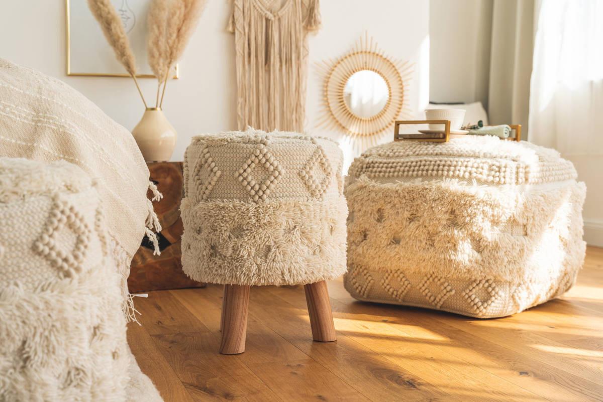 Hocker Bohist Naturfarben Makramee - Naturfarben/Akaziefarben, Trend, Holz/Textil (38/50/38cm) - Kayoom