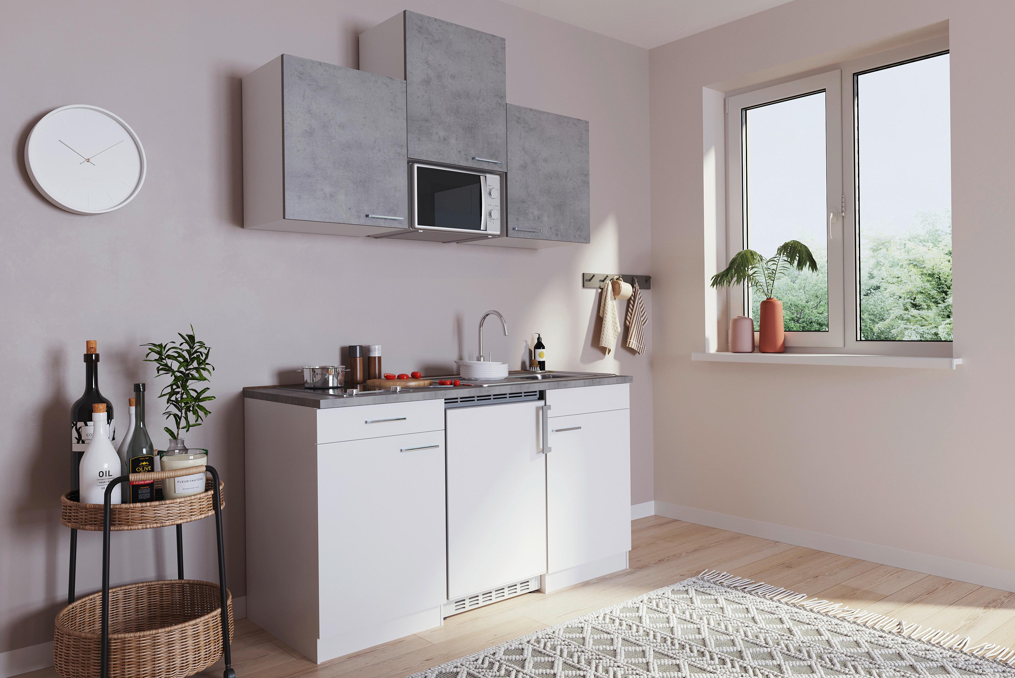 Miniküche Economy m. Geräten ca. 150cm Grau/Weiß - Alufarben/Weiß, KONVENTIONELL, Holzwerkstoff/Kunststoff (150cm) - Respekta