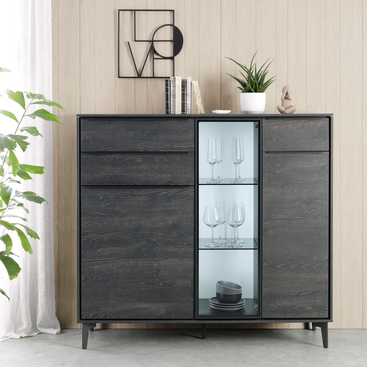 Highboard in Anthrazit. - Anthrazit/Schwarz, Modern, Glas/Holzwerkstoff (133/123/40cm) - Premium Living