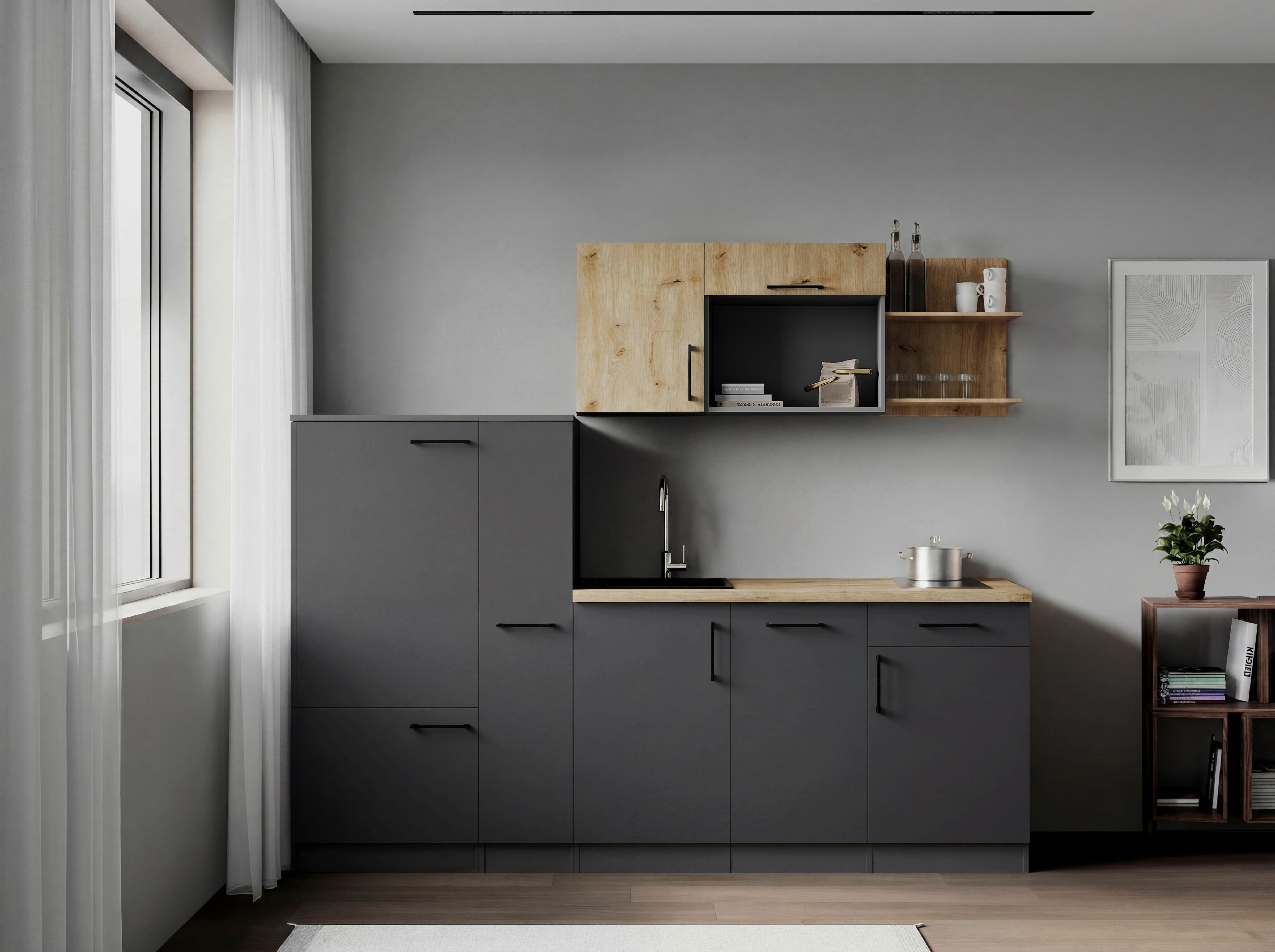 Küchenblock Oliver m. Geräten Grau - Eiche Artisan/Grau, Trend, Holzwerkstoff/Metall (235cm) - Respekta