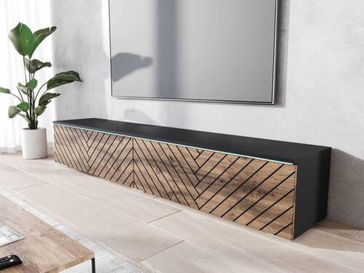 Lowboard ca. 180x30 cm mit LED Fischgräte Eiche Wotan/Schwarz - Eiche Wotan/Schwarz, Basics, Holzwerkstoff/Kunststoff (180/30/33cm) - P & B