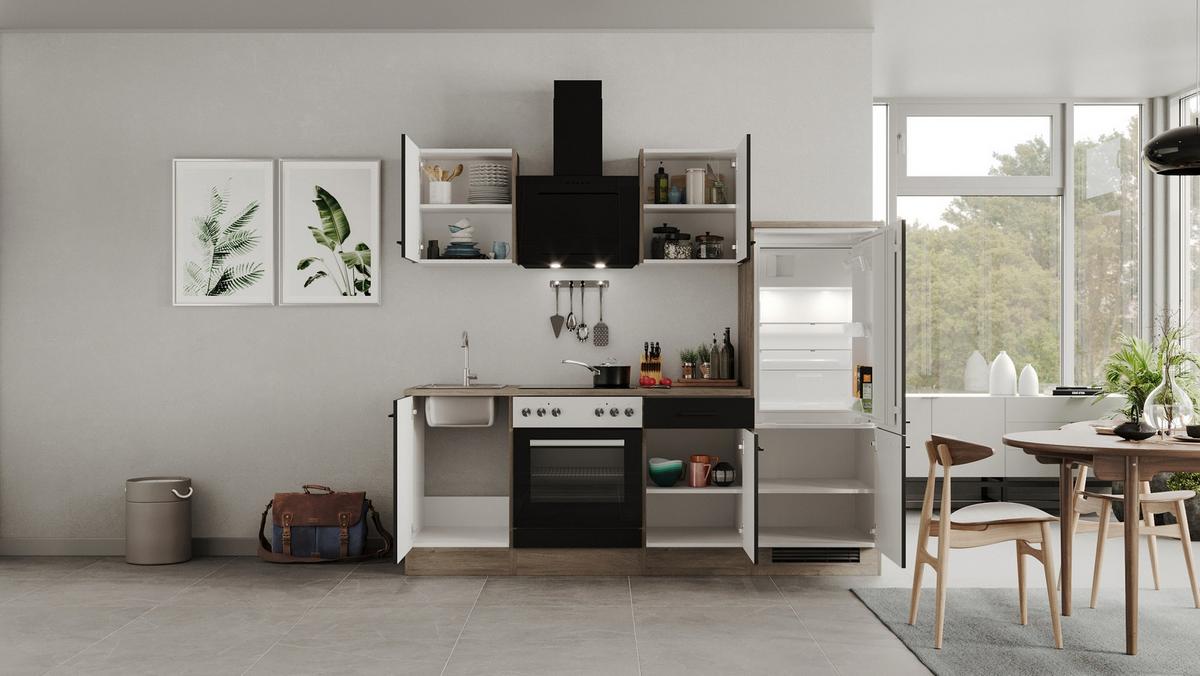 Kotna Kuhinja Capri, Črna, Hrast - črna/barve hrasta, Konvencionalno, kovina/leseni material (280/170cm) - FlexWell