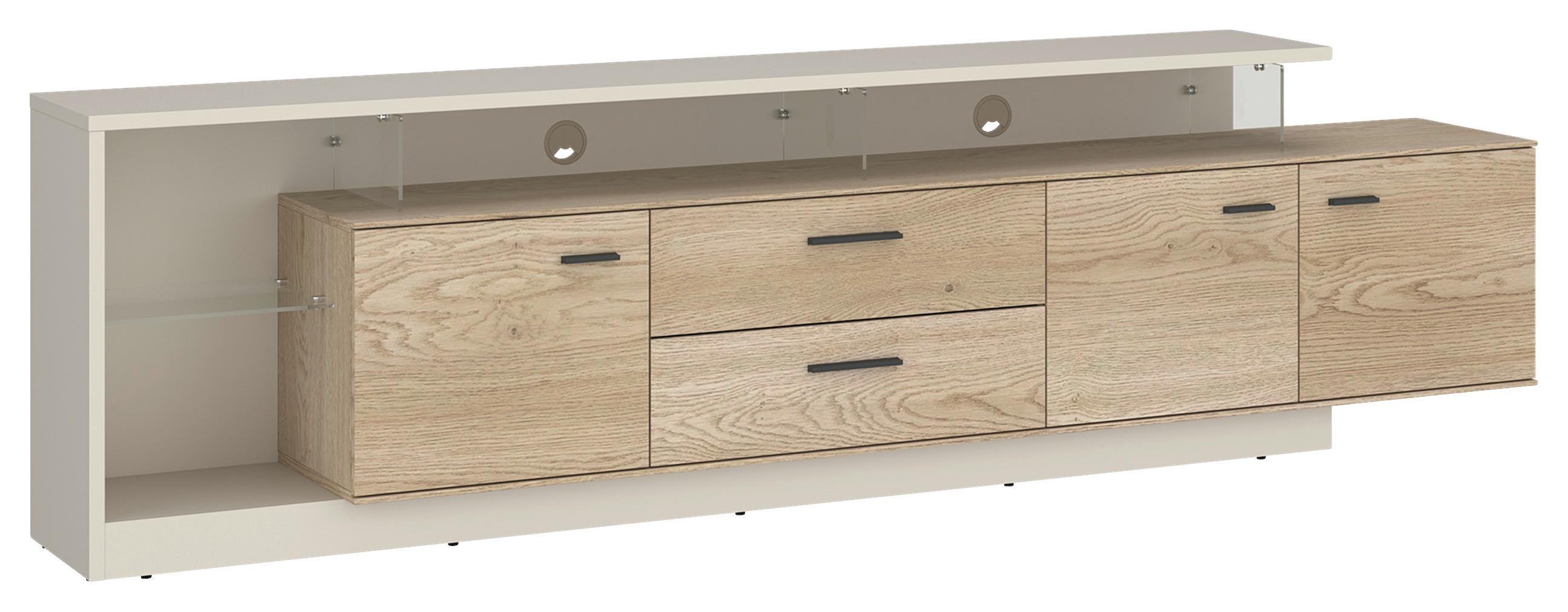 Comodă TV LAGOON - cașmir/culoare lemn stejar, Modern, sticlă/material pe bază de lemn (236,4/65,5/40cm) - Modern Living