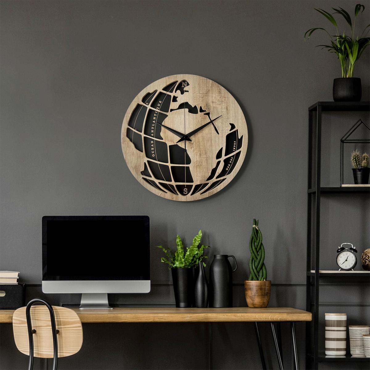 Wanduhr Schwarz/Eichefarben Ø ca. 57cm - Eichefarben/Schwarz, Basics, Holz/Kunststoff (57cm)