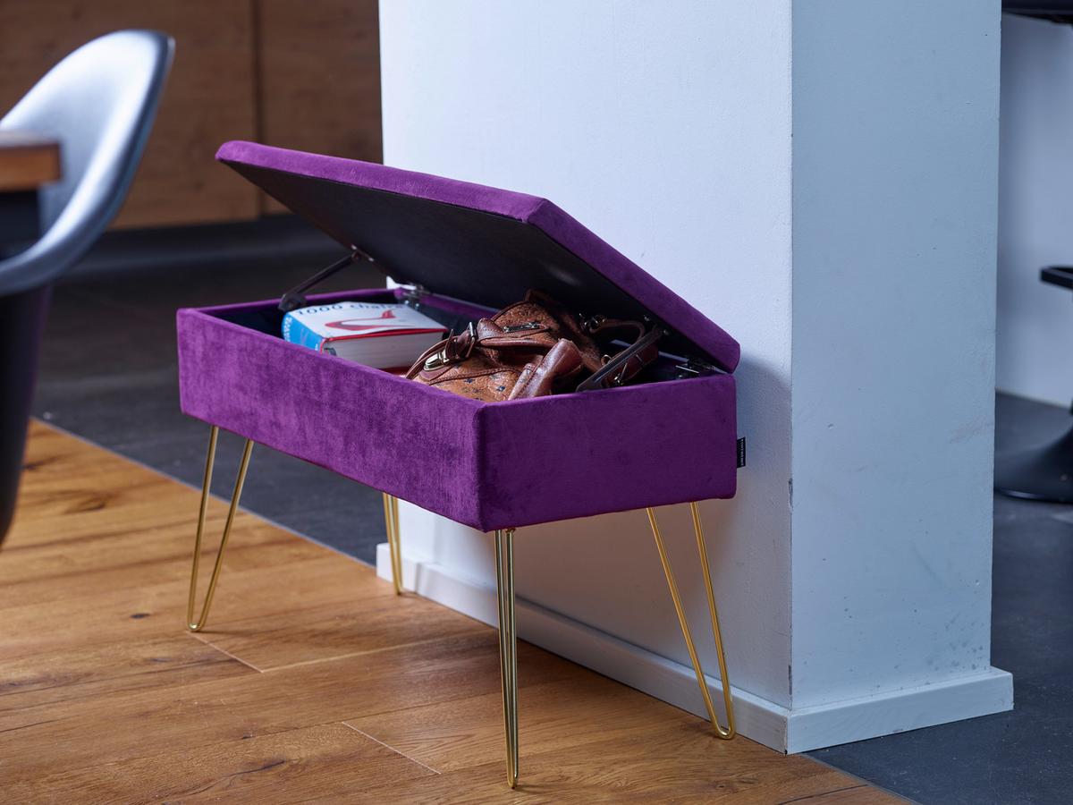 Hockerbank Scarlett Beere Samt mit Stauraum - Beere/Goldfarben, Design, Textil/Metall (75/42/30cm) - Echtwerk