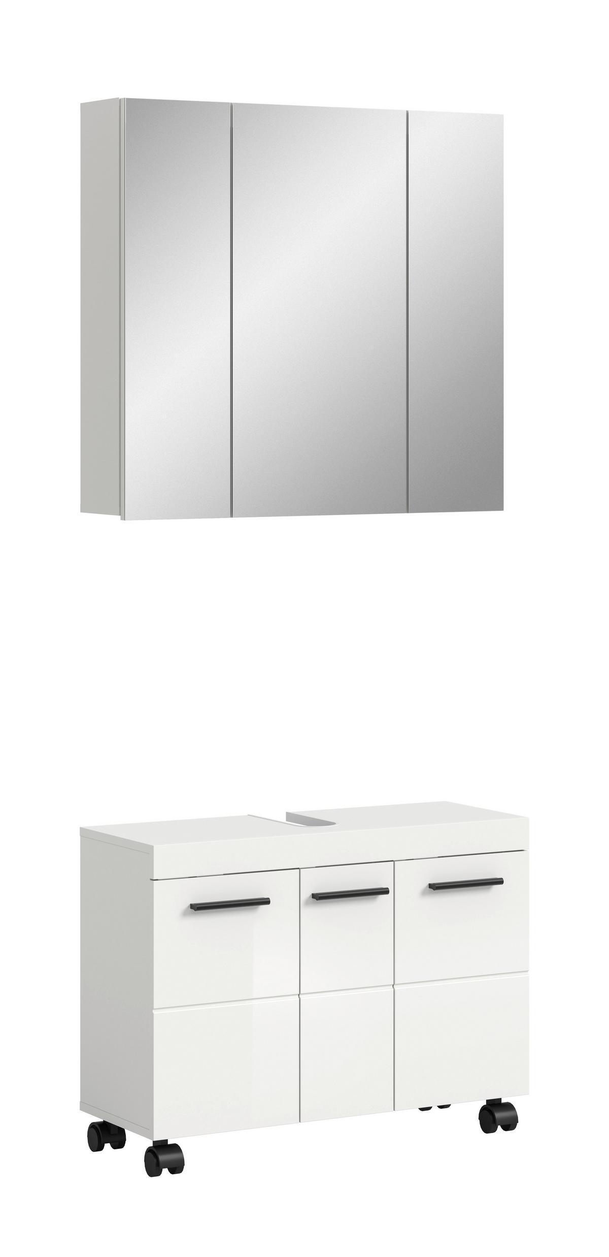 Badezimmer NOVA Weiß, Weiß Hochglanz 2-teilig - Weiß Hochglanz/Schwarz, Trend, Glas/Holzwerkstoff (82cm) - MID.YOU