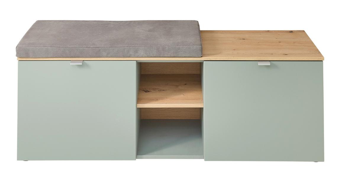 Garderobenbank Bari Eiche Artisan/schilfgrün - Schilfgrün/Silberfarben, Modern, Holzwerkstoff/Metall (128/50/38cm)