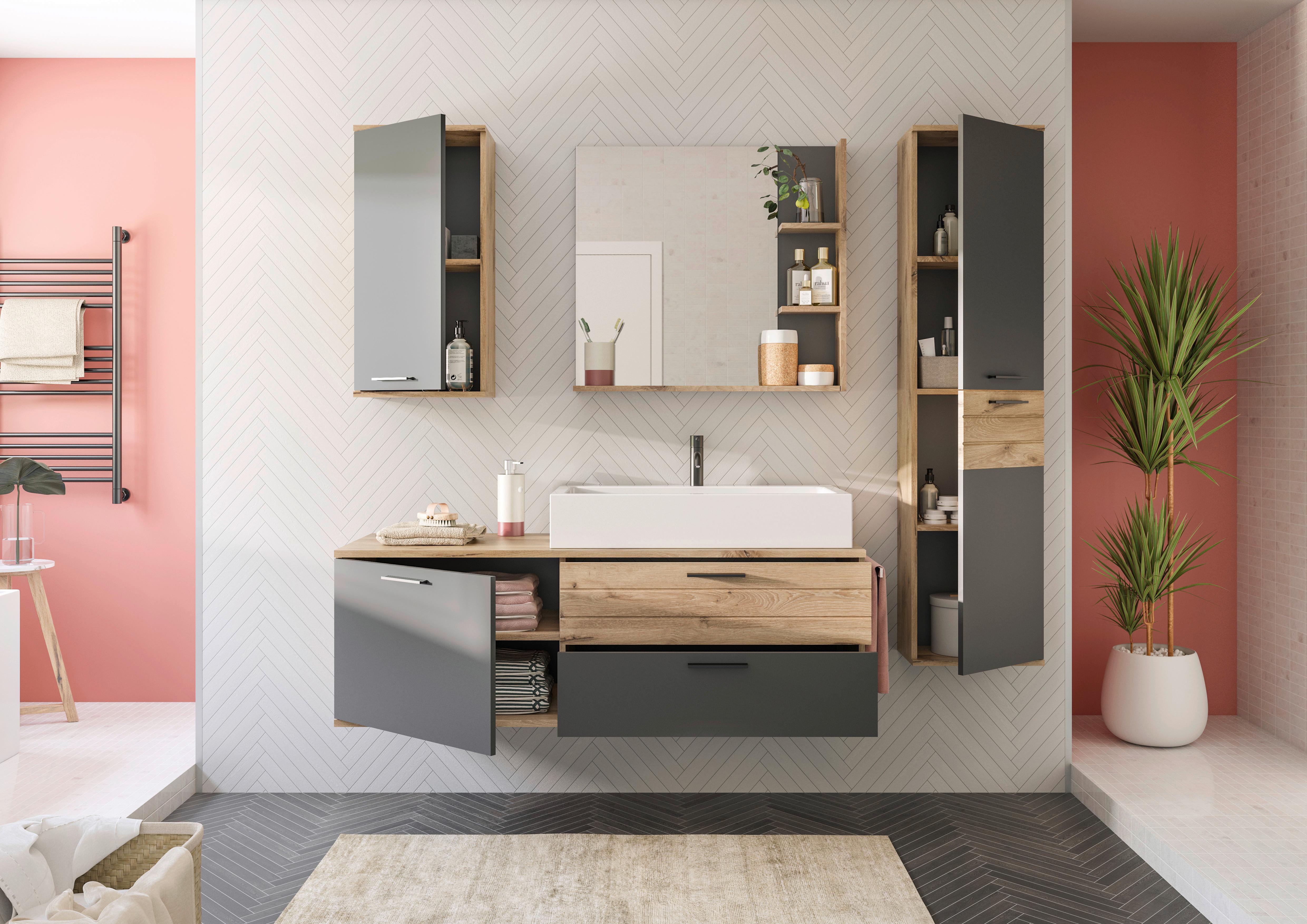 Waschbecken mit Unterschrank Mason ca. 140 cm Eiche/Grau - Eichefarben/Schwarz, MODERN, Holzwerkstoff/Kunststoff (140cm) - MID.YOU