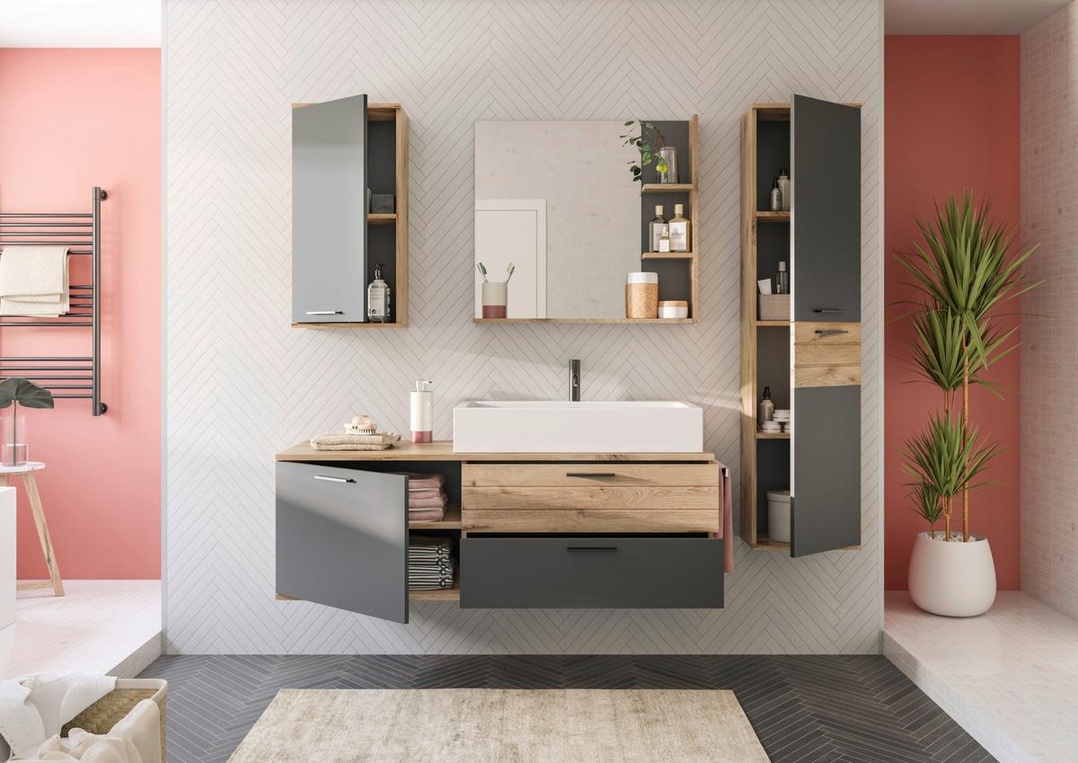 Waschbecken mit Unterschrank Mason ca. 140 cm Eiche/Grau - Eichefarben/Schwarz, MODERN, Holzwerkstoff/Kunststoff (140cm) - MID.YOU