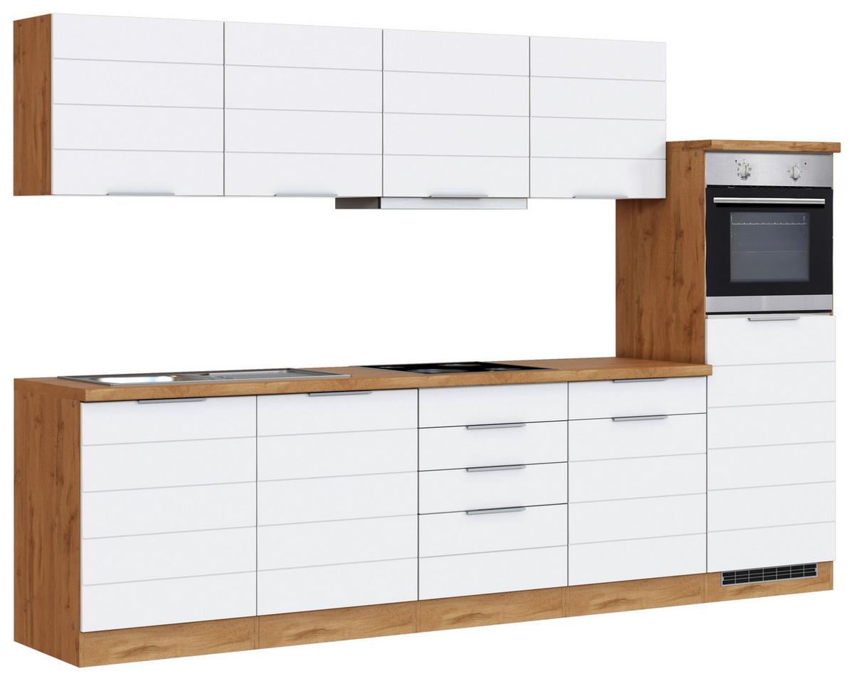 Küchenblock Florenz mit Geräten ca. 300 cm Weiß/Eiche - Eiche Wotan/Weiß, Design, Holzwerkstoff/Metall (300cm) - Held