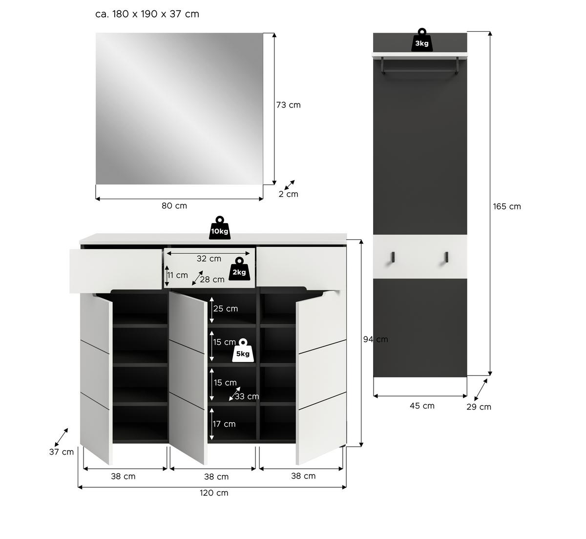 Predsoba Canu, Bela, Siva, 3-Delna - siva/bela, Design, leseni material (180/190/37cm) - Livetastic