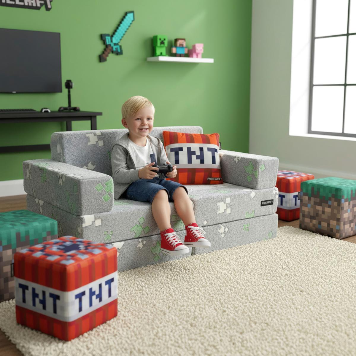 SOFA DZIECIĘCA/MŁODZIEŻOWA MINECRAFT - czerwony/szary, Trend, tkanina (120/60/60cm) - Minecraft