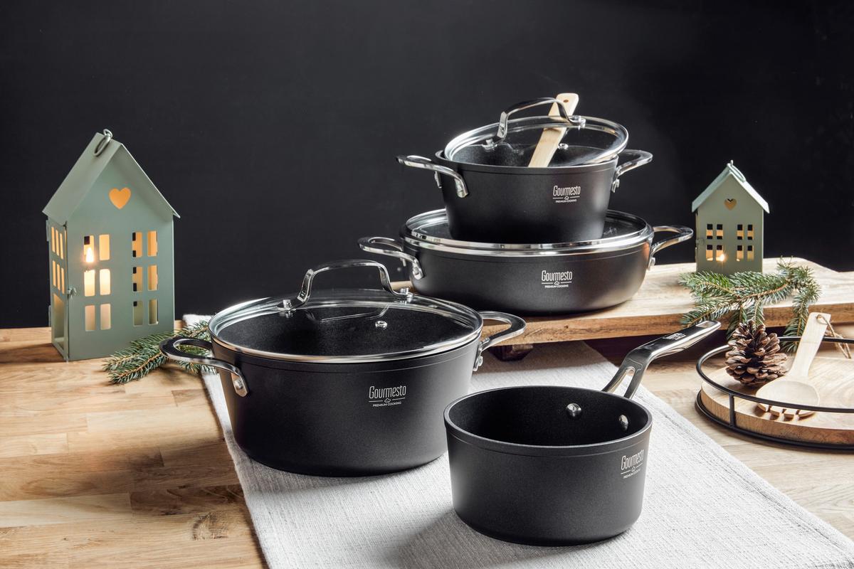 Kochtopfset Profi Line in Schwarz, 7-teilig - Klar/Silberfarben, KONVENTIONELL, Glas/Metall - Gourmesto