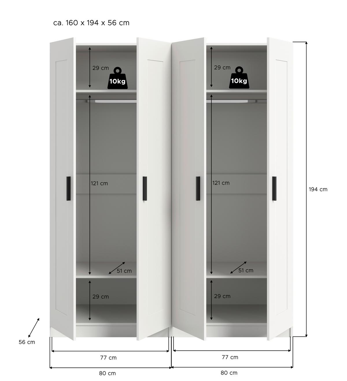 Drehtürenschrank Visby Weiß - Schwarz/Weiß, ROMANTIK / LANDHAUS, Holzwerkstoff/Kunststoff (160/194/56cm) - Livetastic