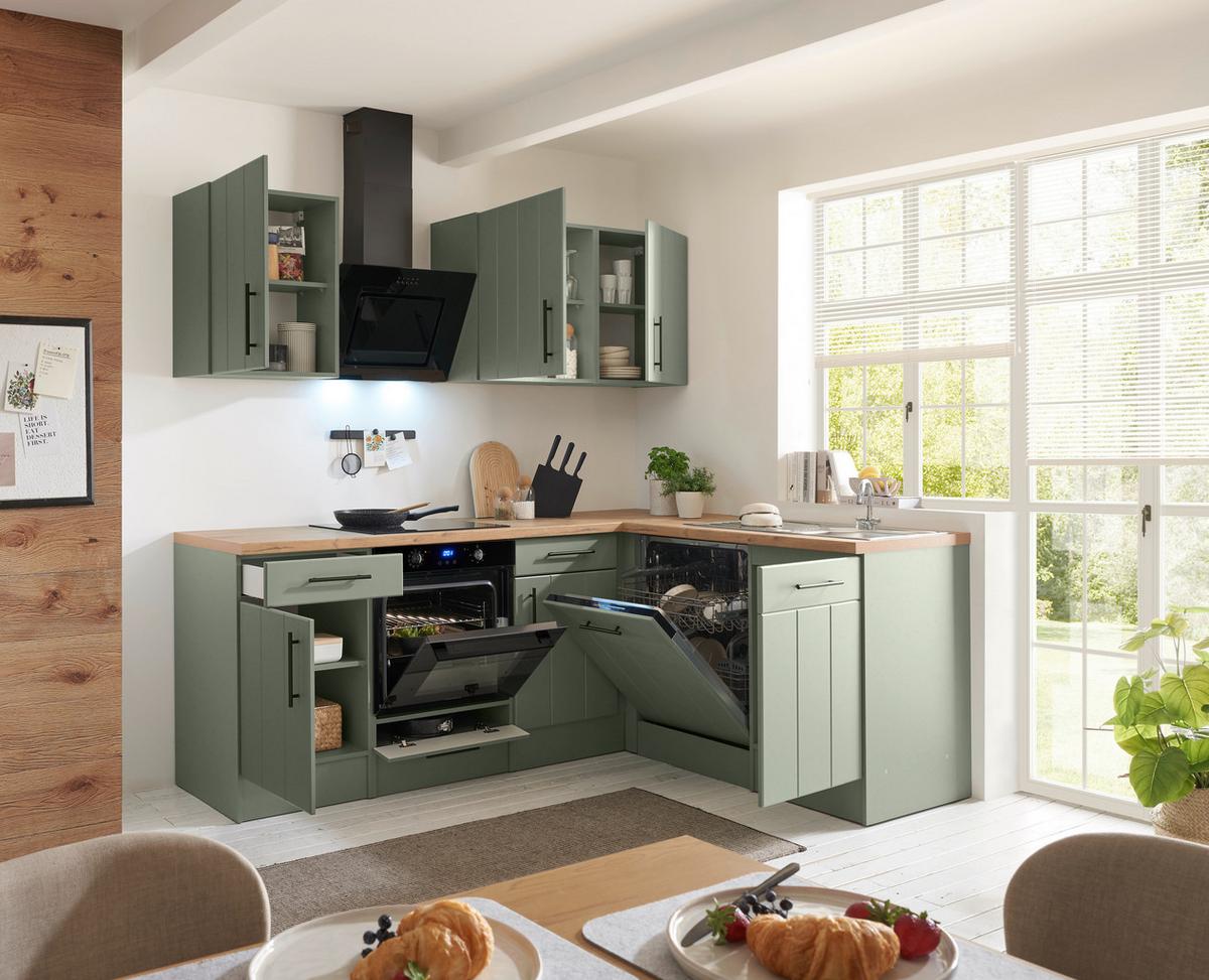 Eckküche Anton m. Geräte ca. 220x172cm Eiche/Schilfgrün - Schilfgrün/Wildeiche, Trend, Holzwerkstoff/Metall (220/172cm) - Respekta