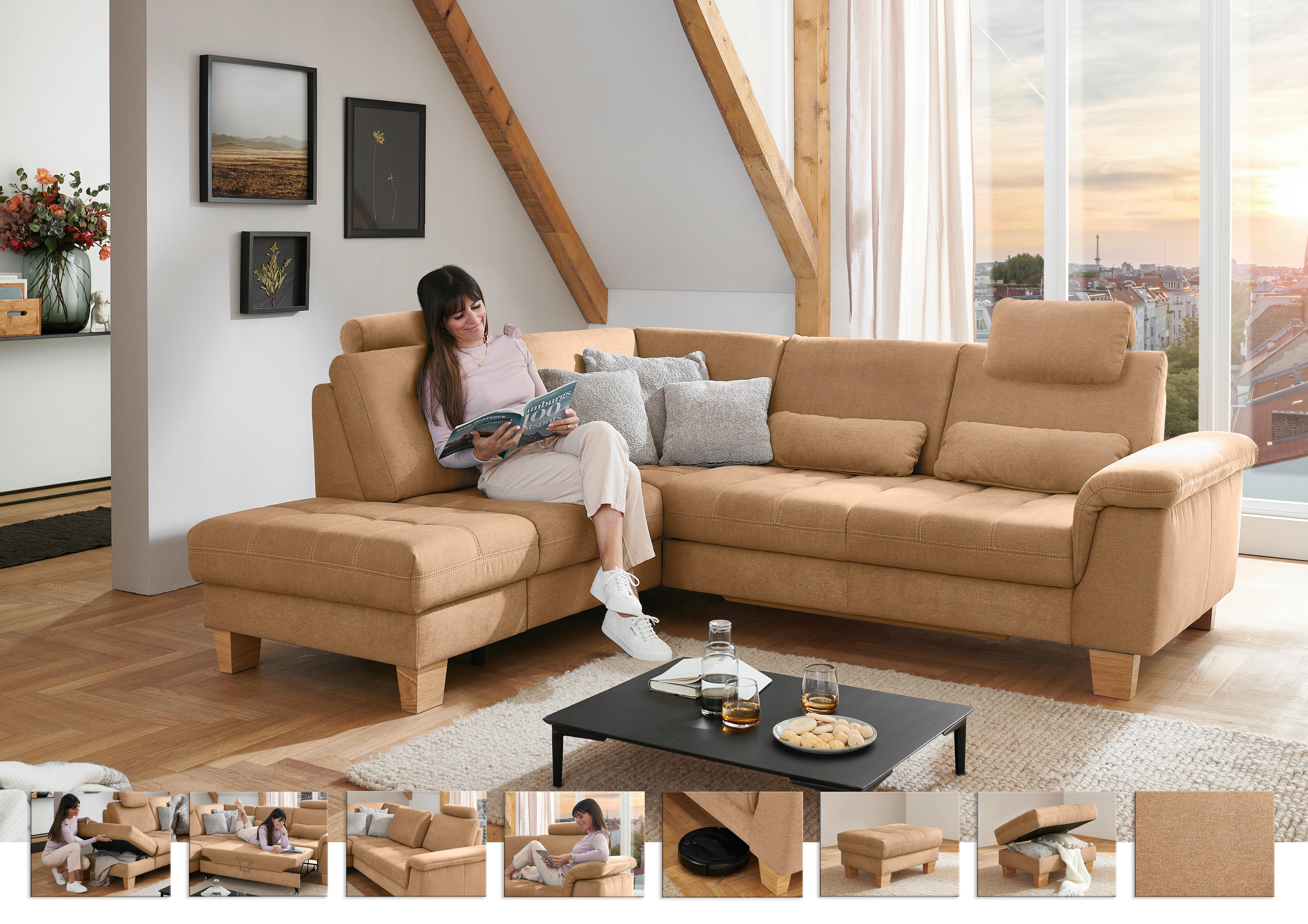 Sedežna Garnitura Pp-La23117 - bež/barve konjaka, Moderno, tekstil/leseni material (221/45/253cm) - Premium Living