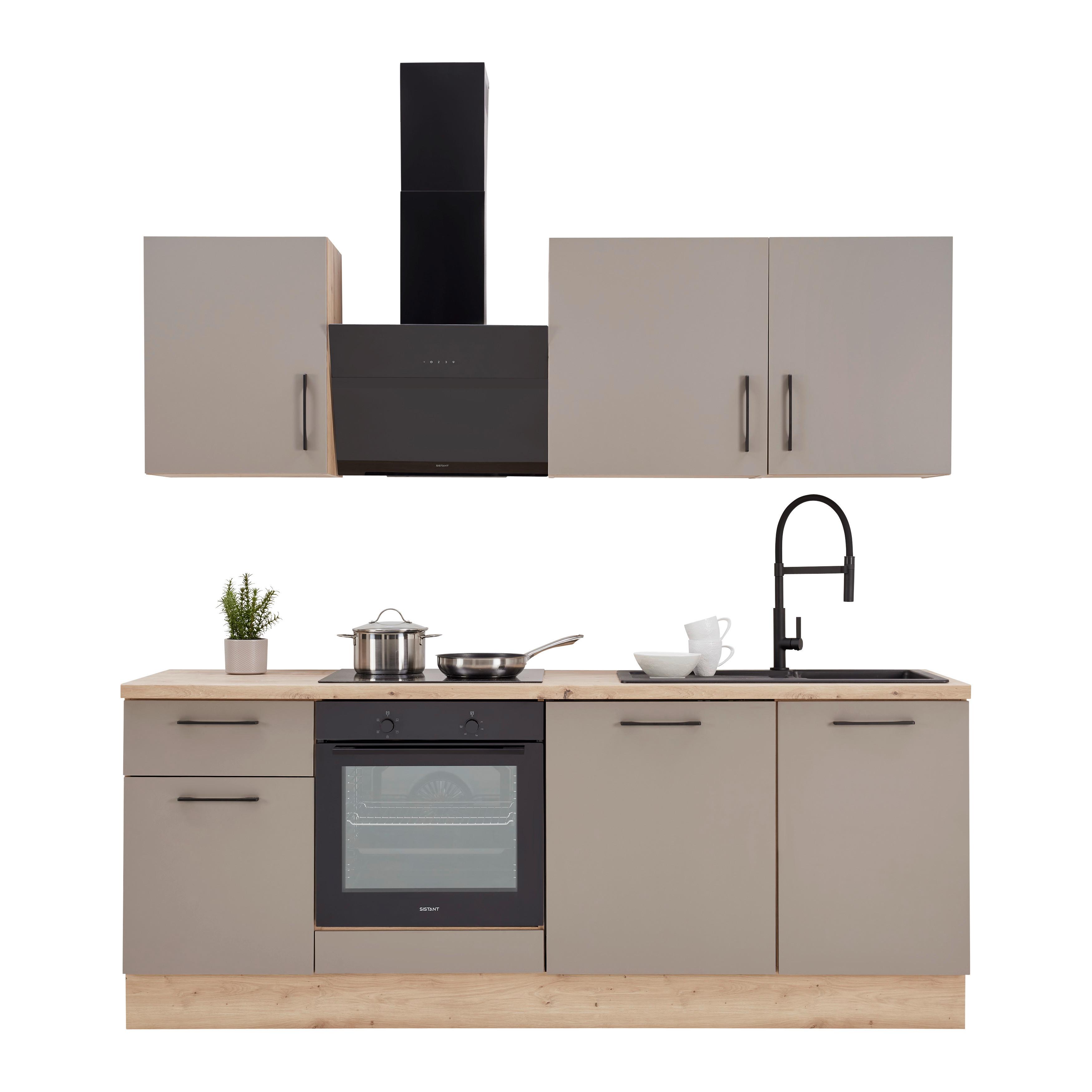 Küchenblock LINZ 220cm Cubanit grau ohne Geräte - Schwarz/Eiche Artisan, MODERN, Holzwerkstoff/Metall (220cm)