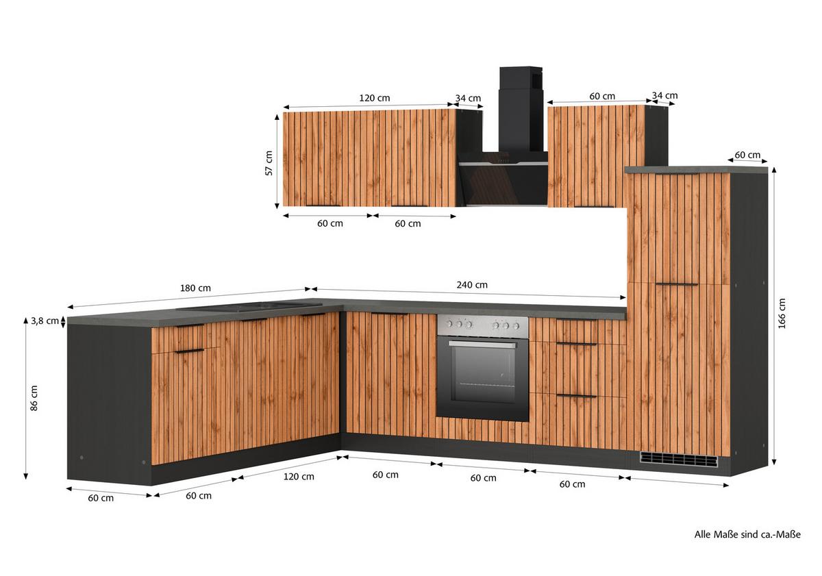 Eckküche Liverpool KV m. Geräten ca. 300x240cm Eiche - Schieferfarben/Eiche Wotan, Basics, Holzwerkstoff/Metall (300/240cm) - Held