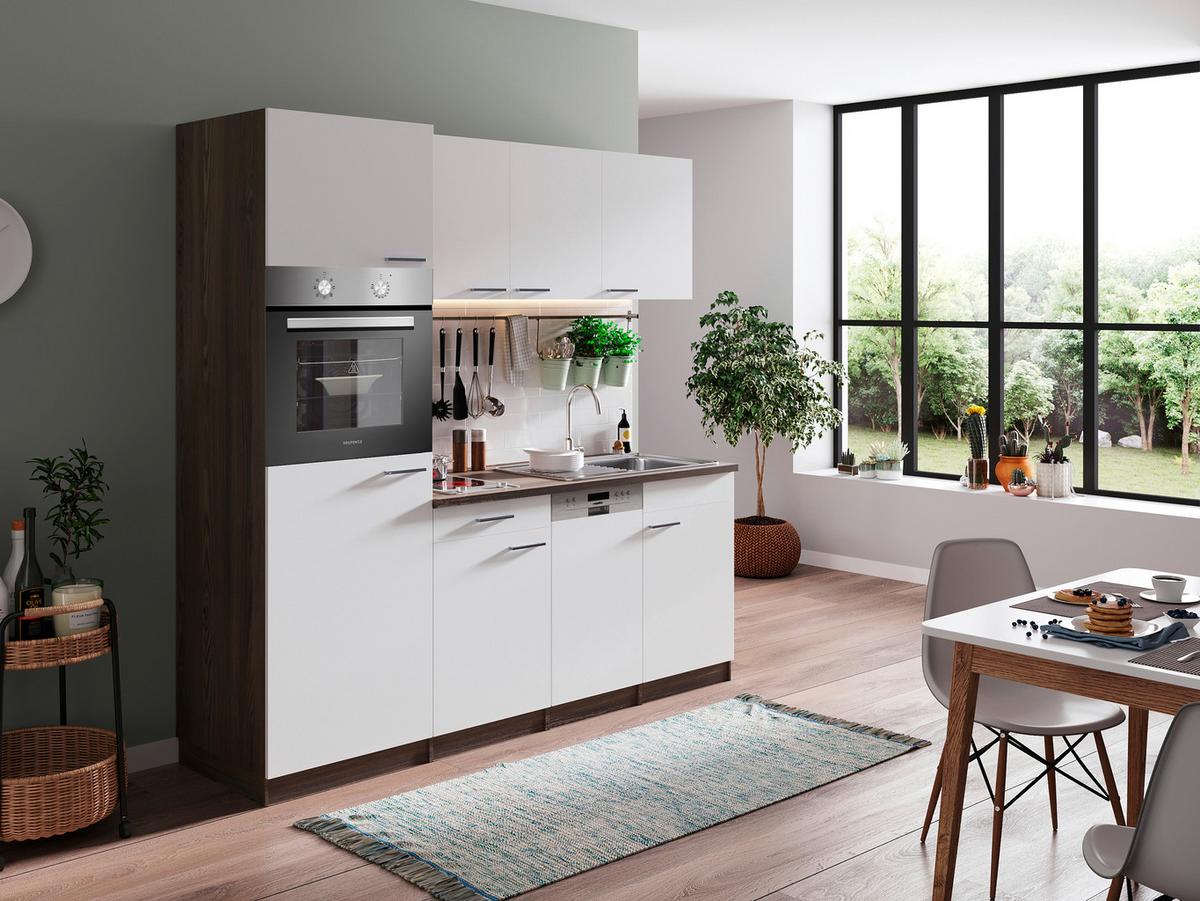 Küchenblock Oliver mit Geräten ca. 205 cm Weiß - Eichefarben/Alufarben, Basics, Holzwerkstoff/Kunststoff (205cm) - Respekta