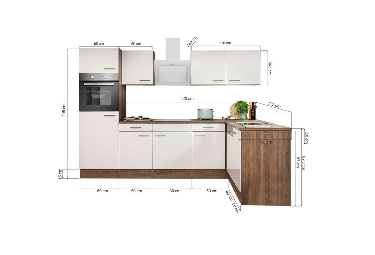 Eckküche Oliver mit Geräten ca. 280x172 cm Grau - Eichefarben/Grau, Basics, Holzwerkstoff/Metall (280/172cm) - Respekta