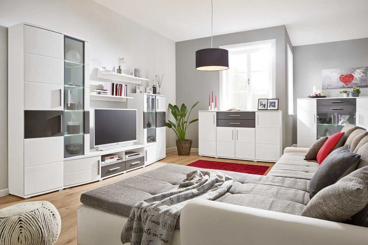 Wohnwand in Weiss/Grau Hochglanz - Weiss/Grau, Modern, Holz (296/198/50cm) - Mömax