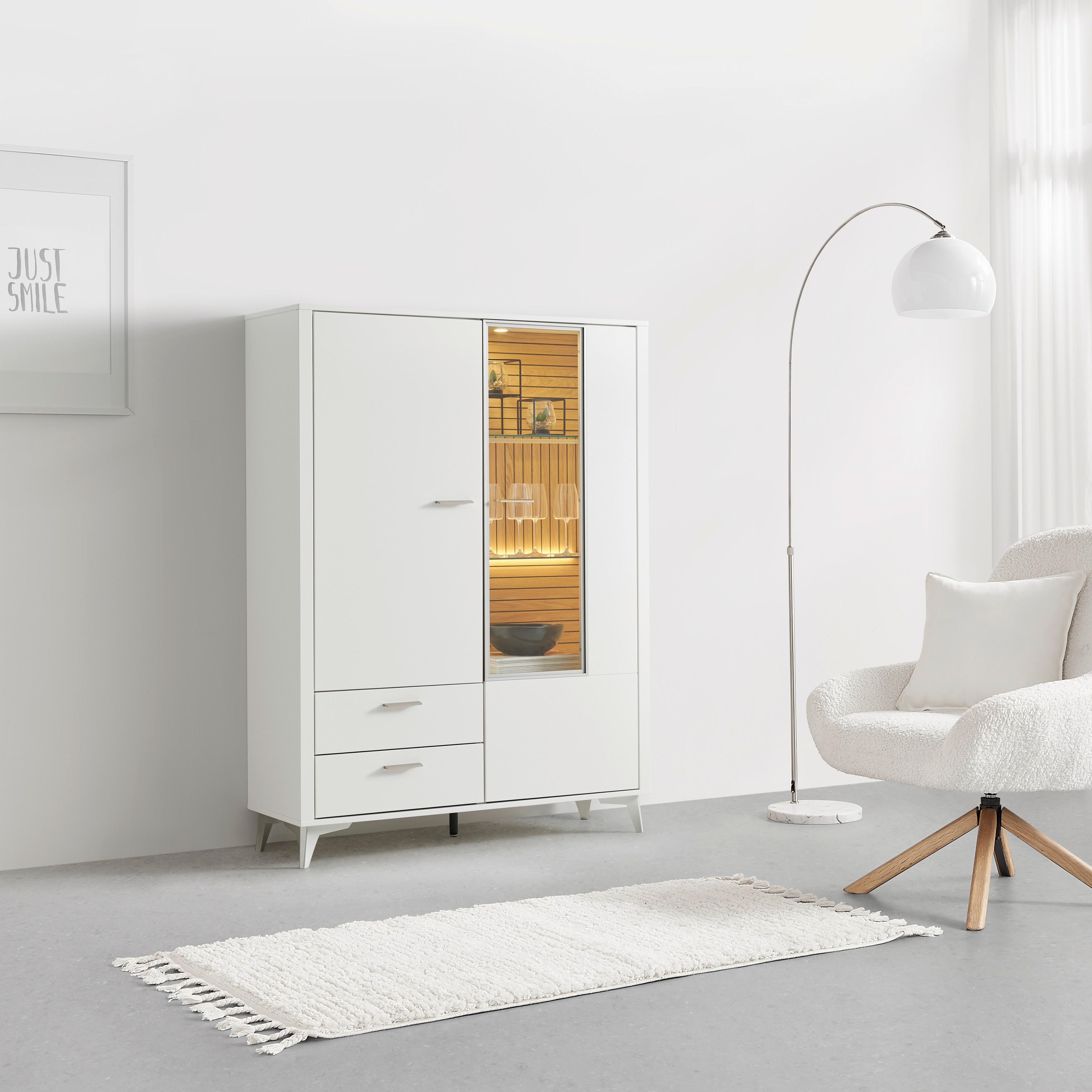 Highboard Studio 11 in Weiß/Eichefarben - Eichefarben/Alufarben, MODERN, Glas/Holzwerkstoff (115/155/40cm) - Premium Living