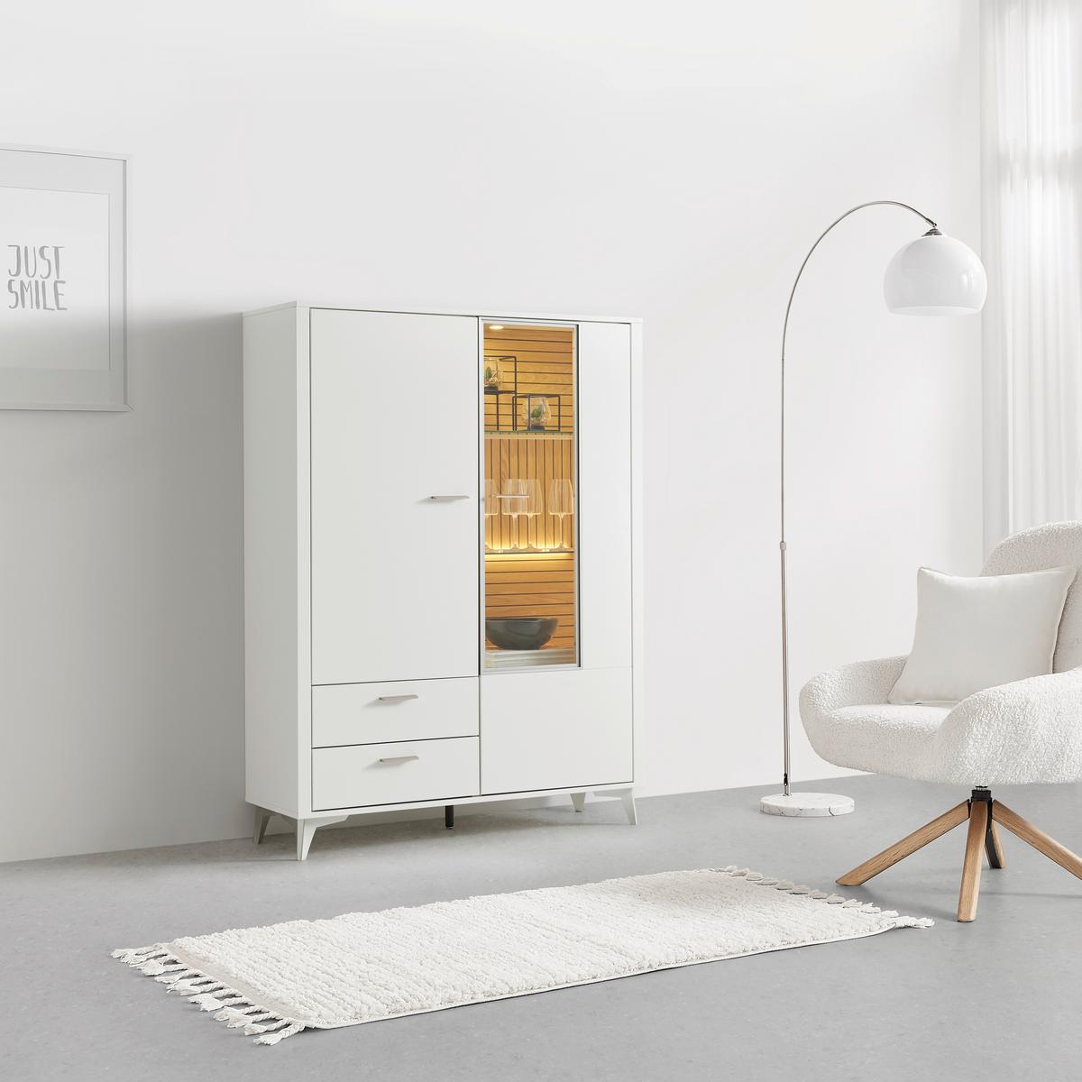 Highboard Studio 11 in Weiß/Eichefarben - Eichefarben/Alufarben, MODERN, Glas/Holzwerkstoff (115/155/40cm) - Premium Living