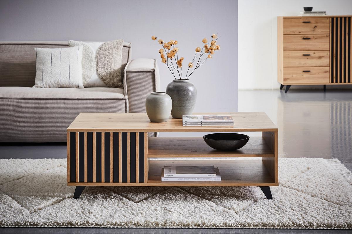 STOLIK KAWOWY KARPACZ - kolor dębowy/czarny, Lifestyle, materiał drewnopochodny/metal (110/60/39cm) - MID.YOU