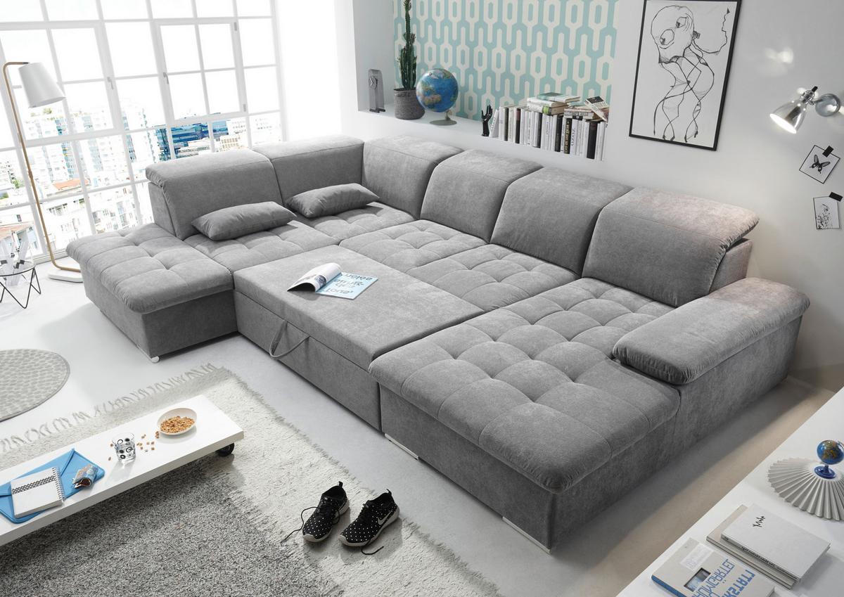 Wohnlandschaft Wayne U inkl. Kissen Grau - Silberfarben/Grau, KONVENTIONELL, Kunststoff/Textil (240/340/188cm) - MID.YOU