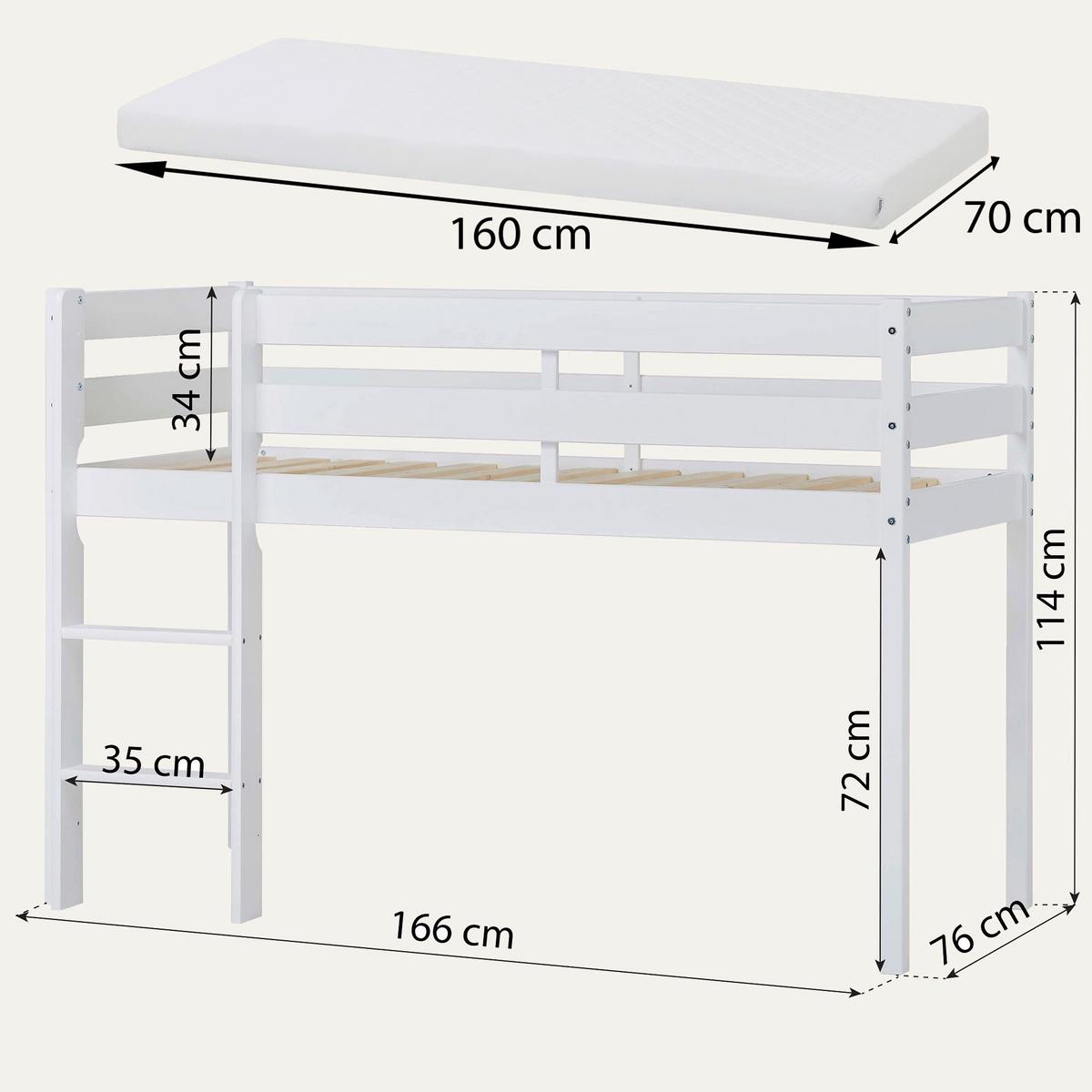 Hochbett ECO COMFORT Weiß ca. 90x200 cm - Naturfarben/Weiß, MODERN, Holz (90/200cm) - MID.YOU