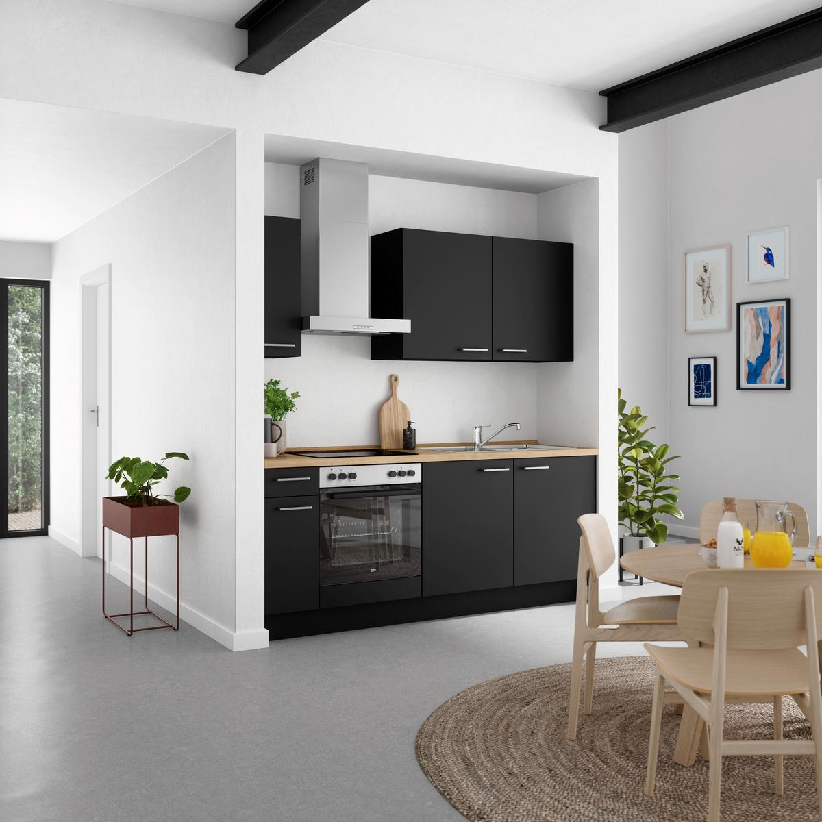 Küchenblock Touch Low m. Geräten Schwarz - Edelstahlfarben/Eichefarben, MODERN, Holzwerkstoff/Metall (210cm) - Nobilia