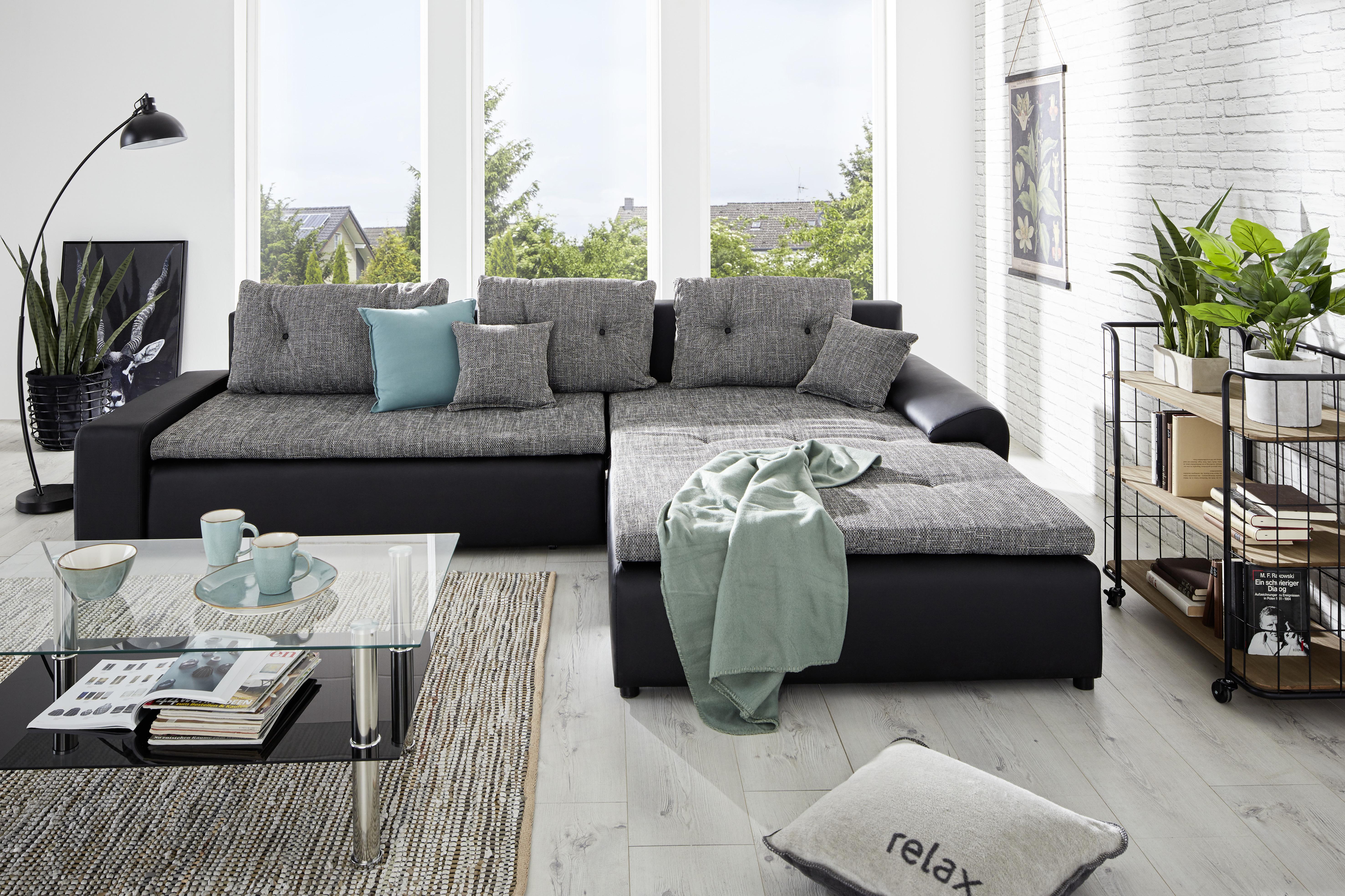 Ecksofa in Grau mit Bettfunktion - Schwarz/Grau, Konventionell (310/80/211cm) - Modern Living