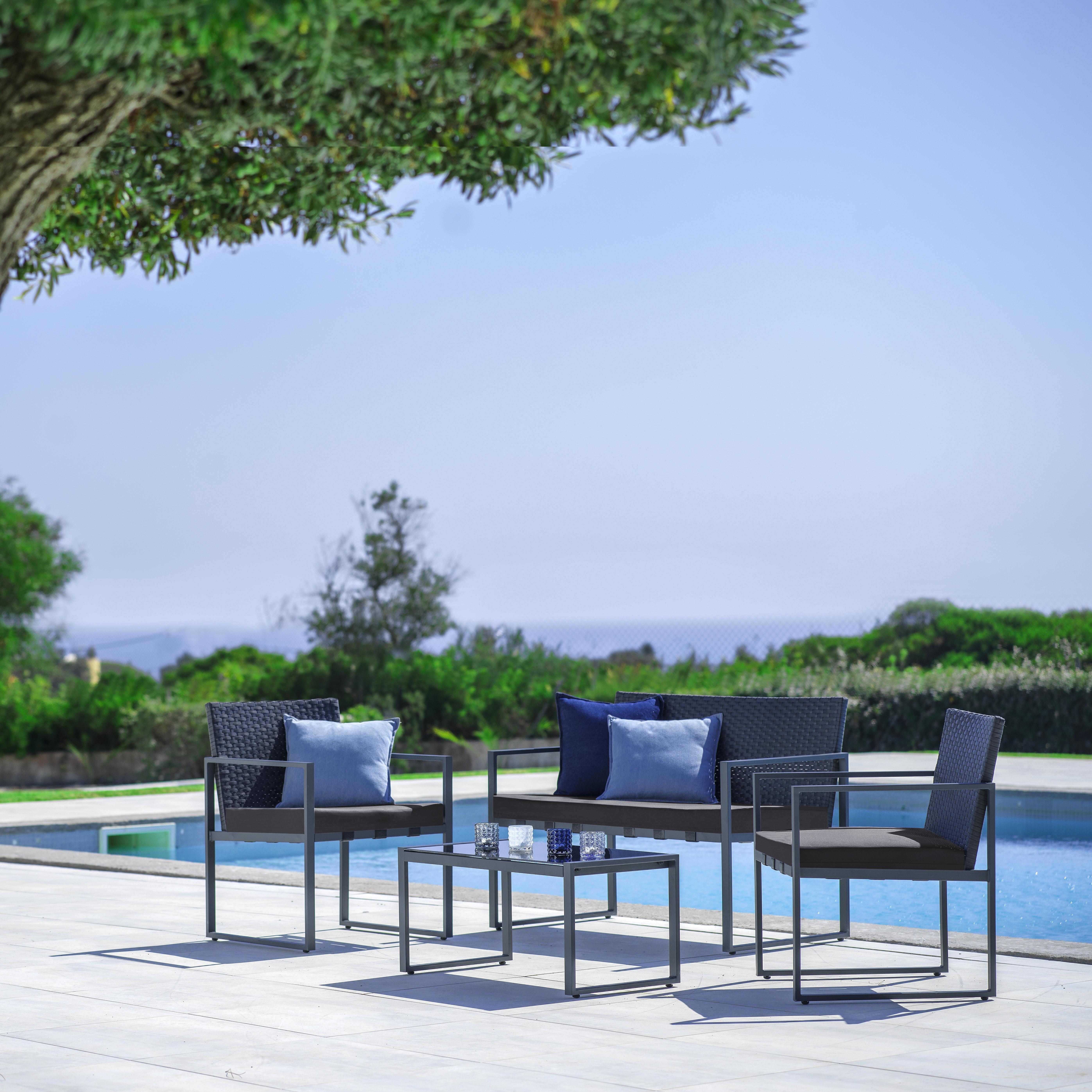 Loungegarnitur Moni in dunkelgrau inkl. Tisch - Dunkelgrau, MODERN, Glas/Kunststoff (108/75/61cm) - Bessagi Garden