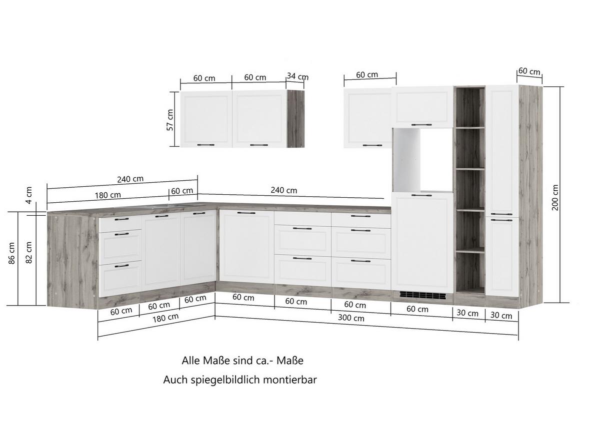 Eckküche Meran mit Geräten ca. 240x360 cm Weiß/Eiche - Eiche Wotan/Schwarz, LIFESTYLE, Holzwerkstoff/Metall (240/360cm) - Held