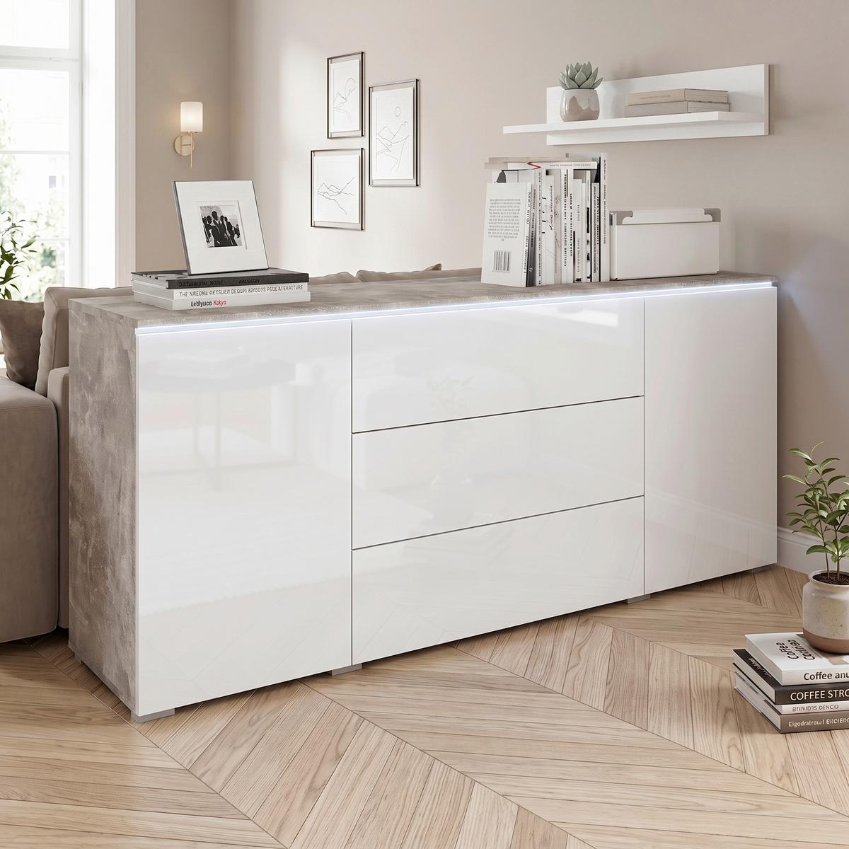 Sideboard Vera mit LED ca. 150 cm Weiß Hochgl./Grau - Weiß Hochglanz/Grau, LIFESTYLE, Holzwerkstoff/Kunststoff (150/67,9/39,5cm) - P & B