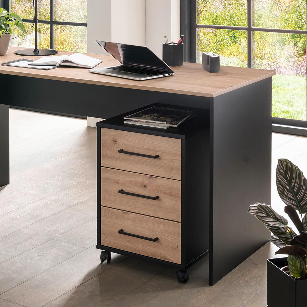 Rollcontainer Aino Schwarz/Eiche Artisan - Schwarz/Eiche Artisan, MODERN, Holzwerkstoff/Kunststoff (40,1/57/50cm) - MID.YOU