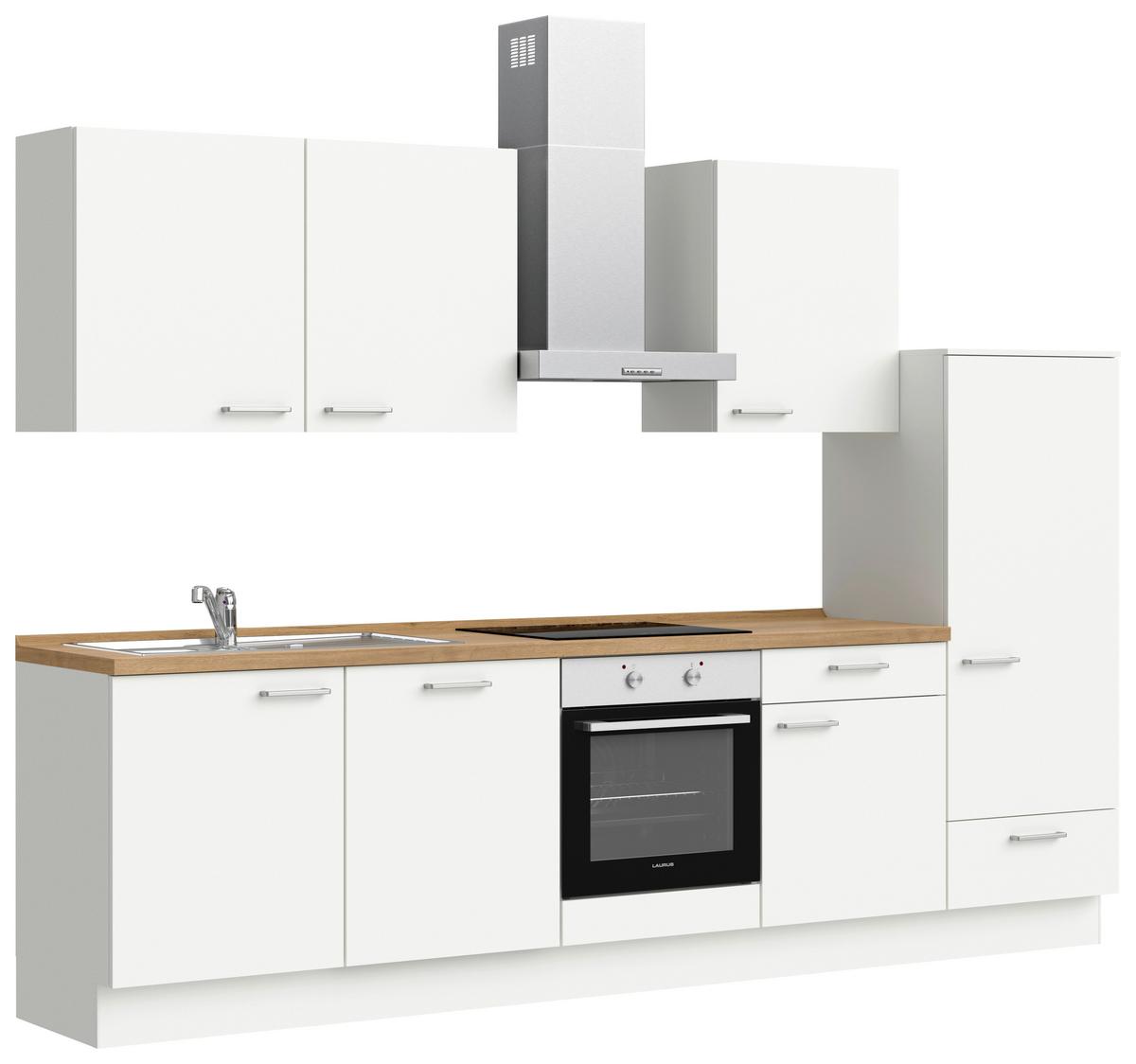 Küchenblock Touch Low m. Geräten Weiß - Edelstahlfarben/Eichefarben, MODERN, Holzwerkstoff/Metall (300cm) - Nobilia