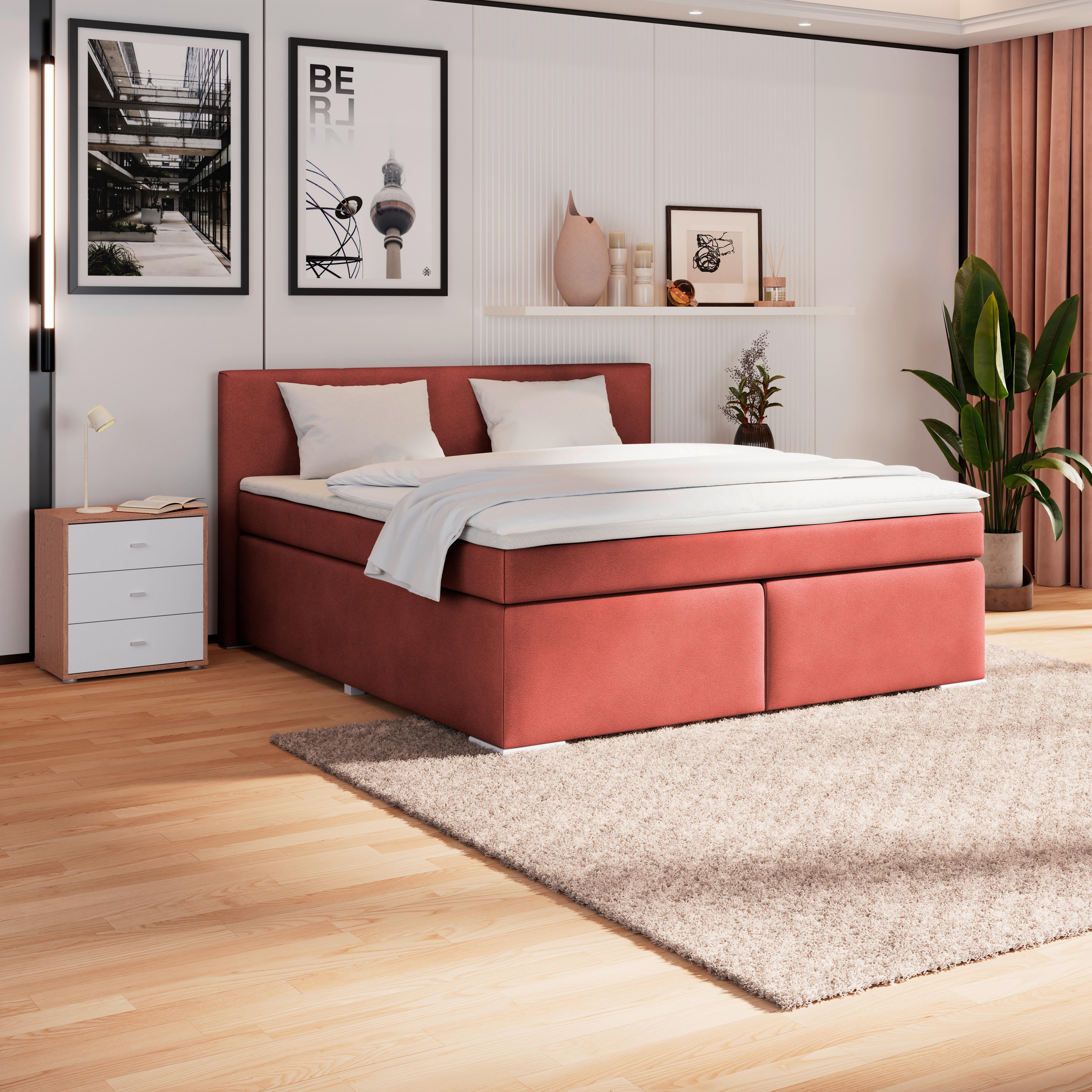Boxspring Krevet Mira 1 - tamno crvena, Basics, metal/tekstil (160/200cm)