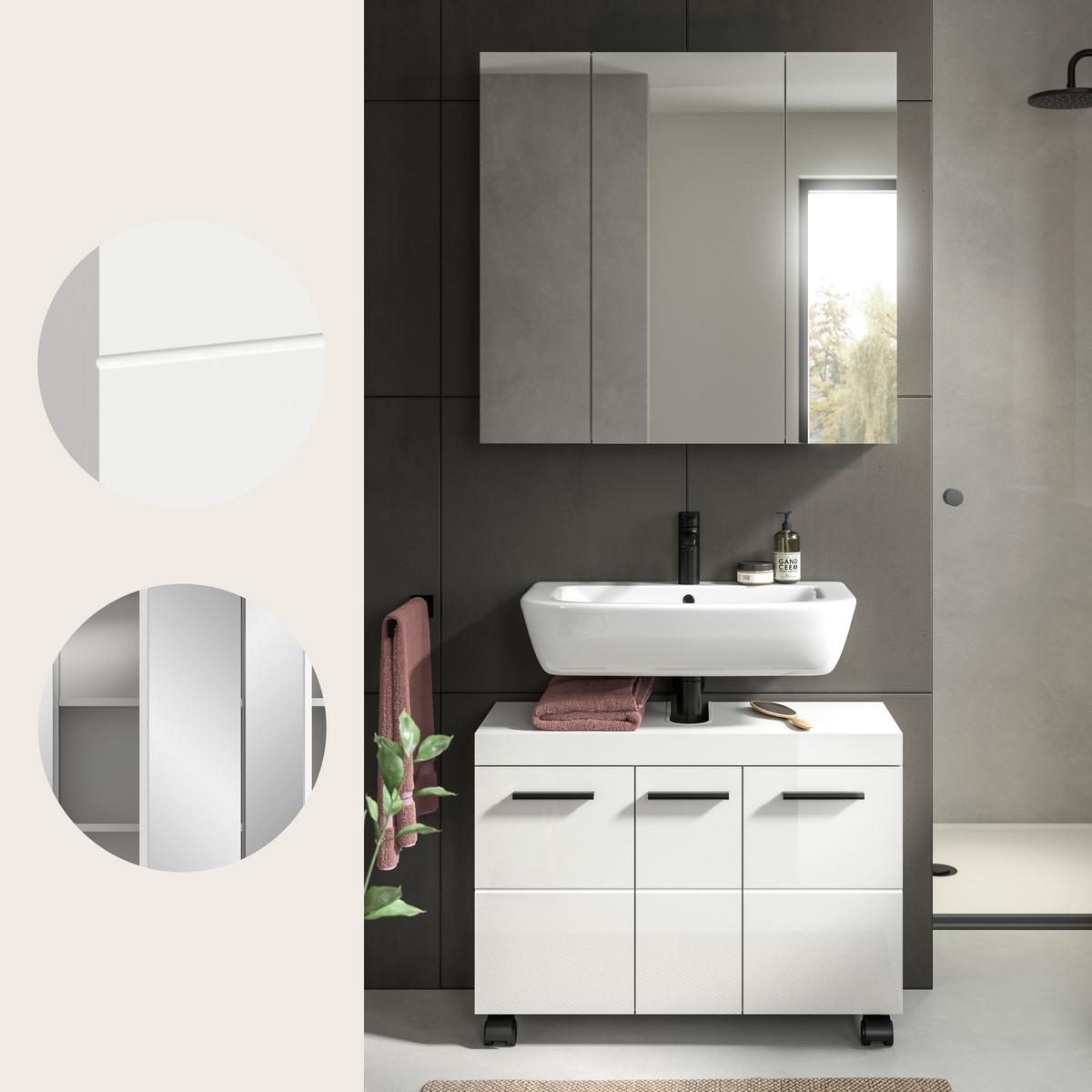 Badezimmer NOVA Weiß, Weiß Hochglanz 2-teilig - Weiß Hochglanz/Schwarz, Trend, Glas/Holzwerkstoff (82cm) - MID.YOU